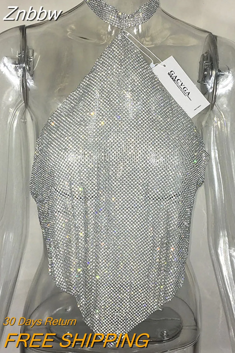 Znbbw 2023 Shinning Crystal Diamond Crop Top Summer Beach Backless T Shirt Halter Sexy Tops Party Camis Women Tank Top Blusa - Image 4