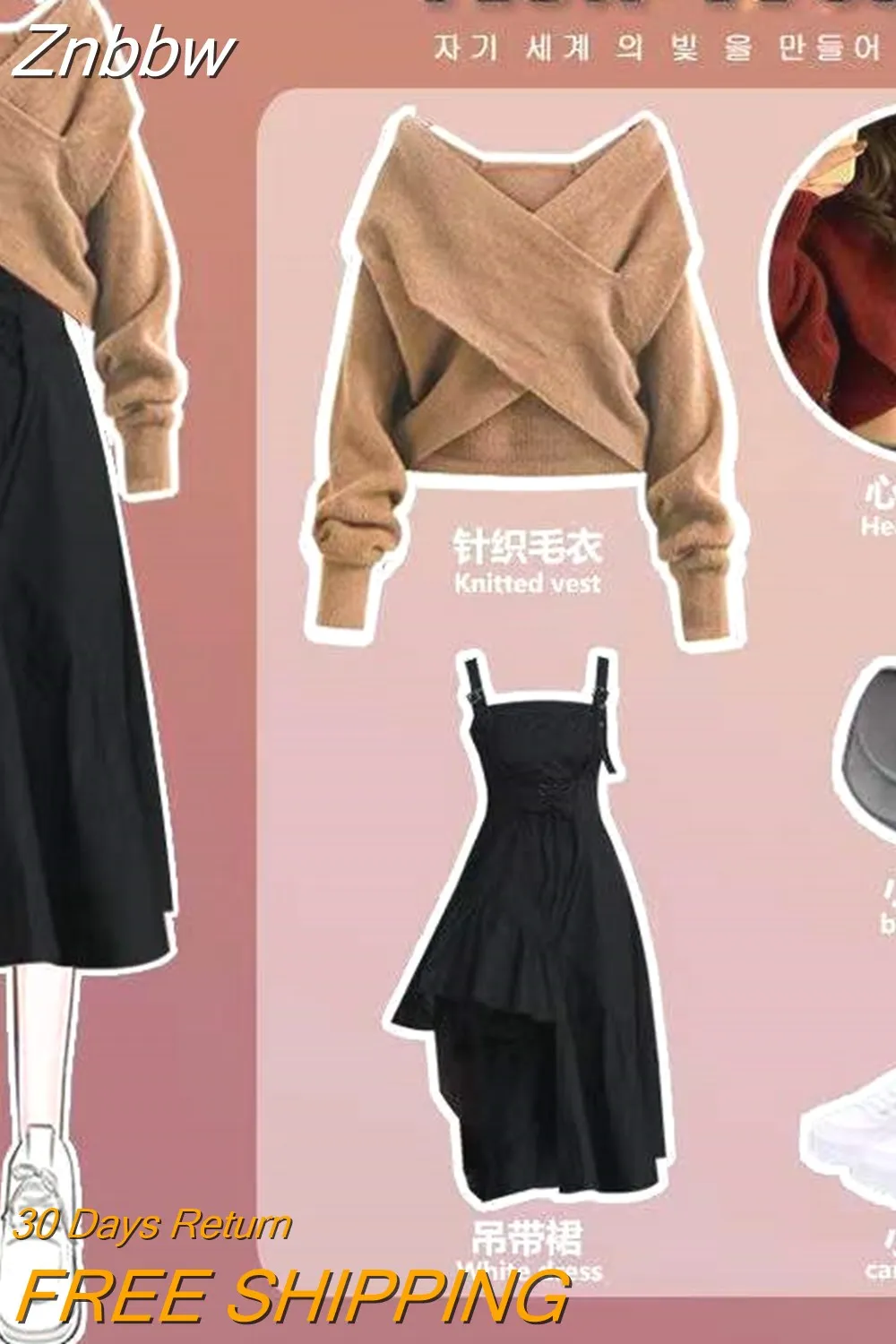 Znbbw Autumn Fashion Large Size Suit Women's 2023 New Korean Knitted Sweater Irregular Suspender Dress Two-piece Suit - Image 3