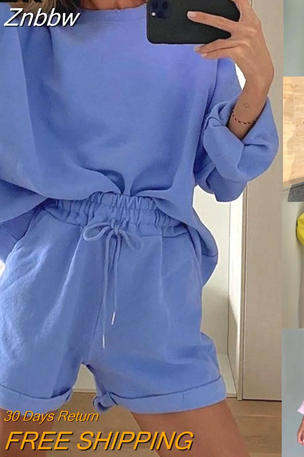 Znbbw Women Solid Tracksuits Casual Long Sleeve Pullover with Pockets Shorts Two Piece Set Sport Fashion Loose Matching Sets Outfits