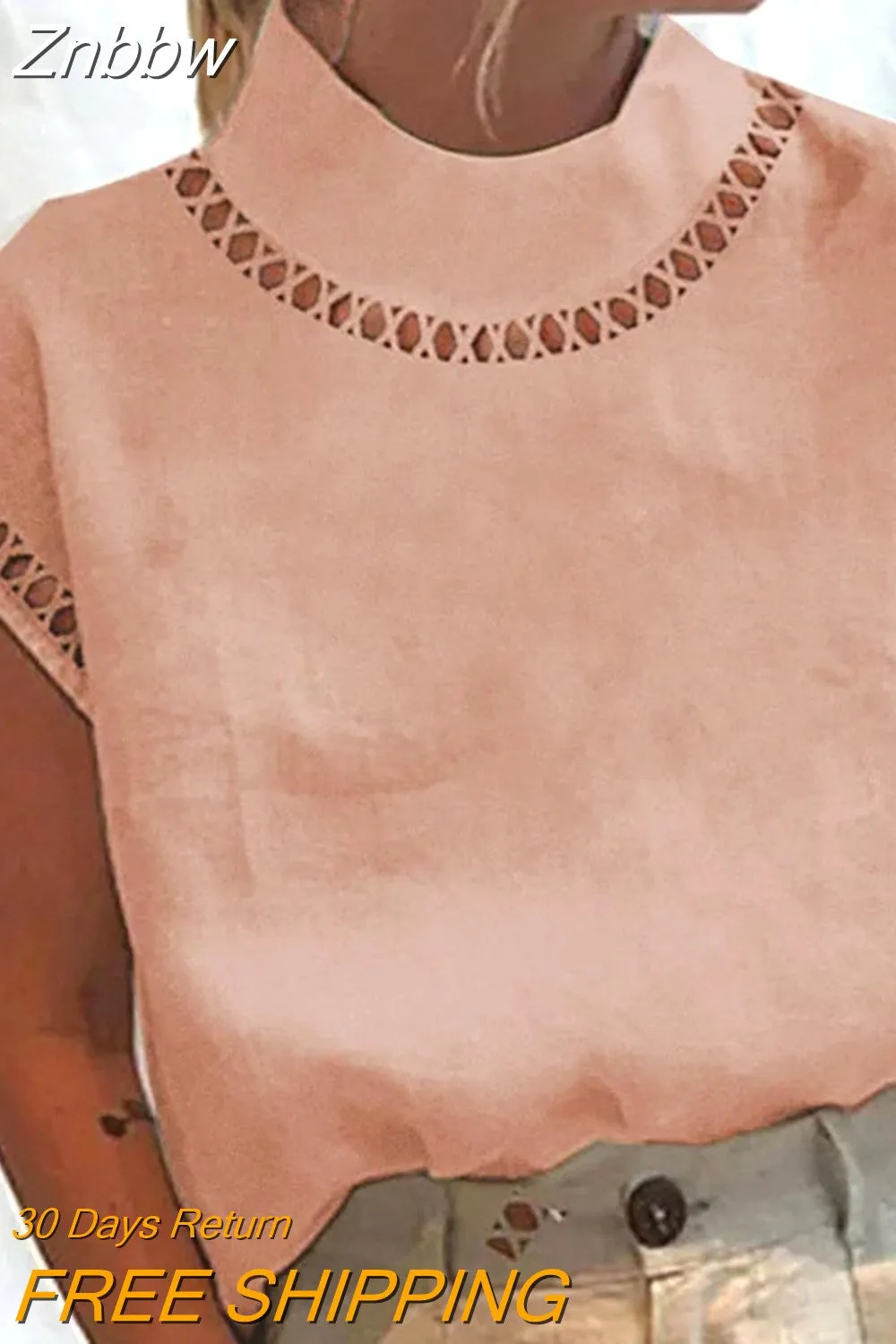 Znbbw Women Solid Hollow Out Tops Summer Turtleneck Cotton Linen Breathable Blouses Casual Loose Short Sleeve Office Shirt Pullover - Image 9