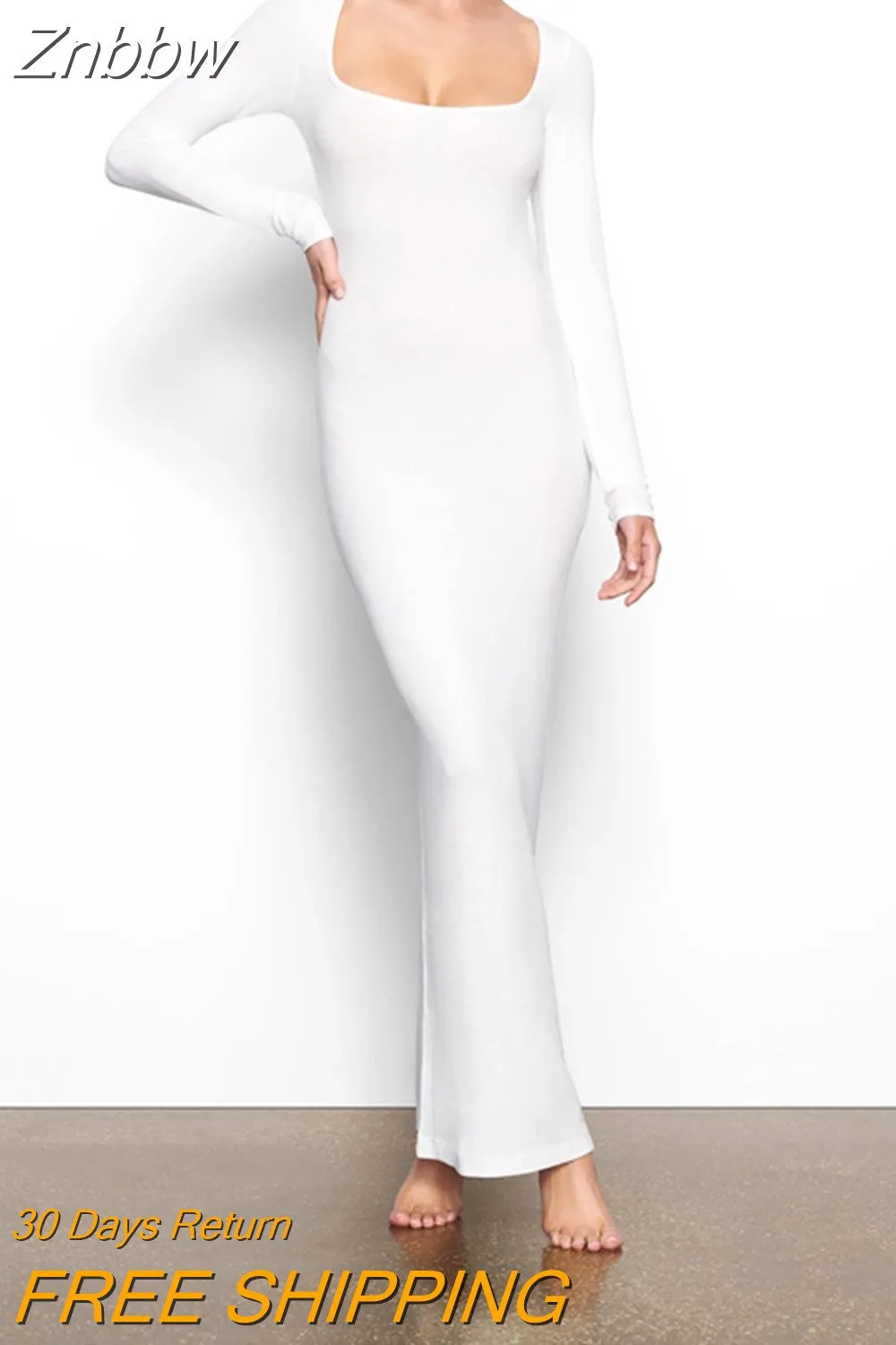 Znbbw Women Spring Dress Long Sleeve Plain Color Square Neck Tight Dress, Ladies Fall/Winter Stretchy Long Dresses - Image 8