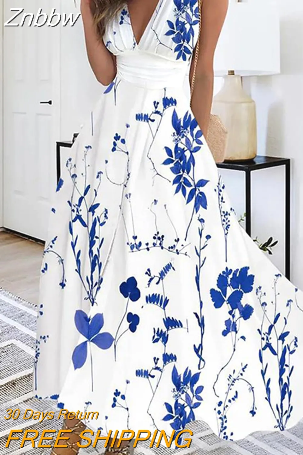 Znbbw Women Sleeveless Evening Dress Casual High Waist Boho Beach Dress New Summer Deep V-neck Floral Print Long Dress Vestidos