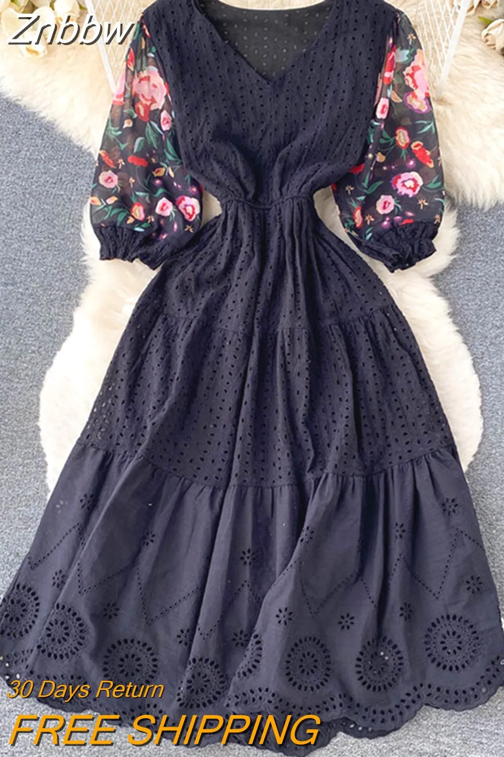 Znbbw Women Summer Dress Ethnic Printed Panel Hollow V-neck Temperament Vestidos Female Small Stature Seaside Holiday D2047 - Image 9