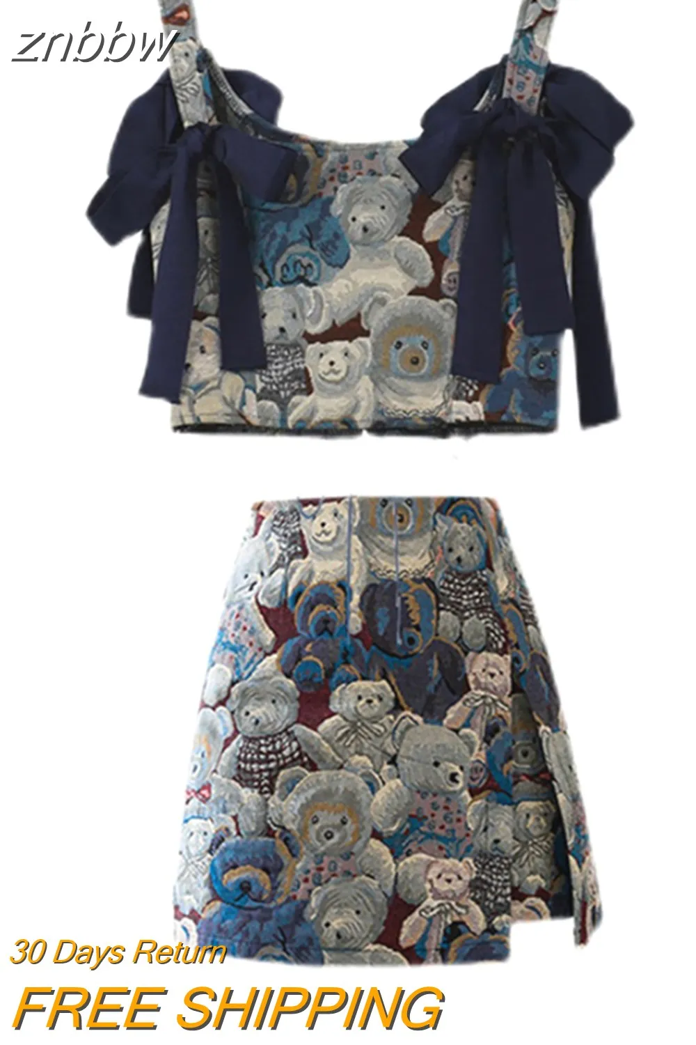 znbbw Women's Suits New Summer 2023 Korean Fashion Cute Little Bear Print Jacquard Crop Bow Suspender Tops High Waist Mini Skirts - Image 4