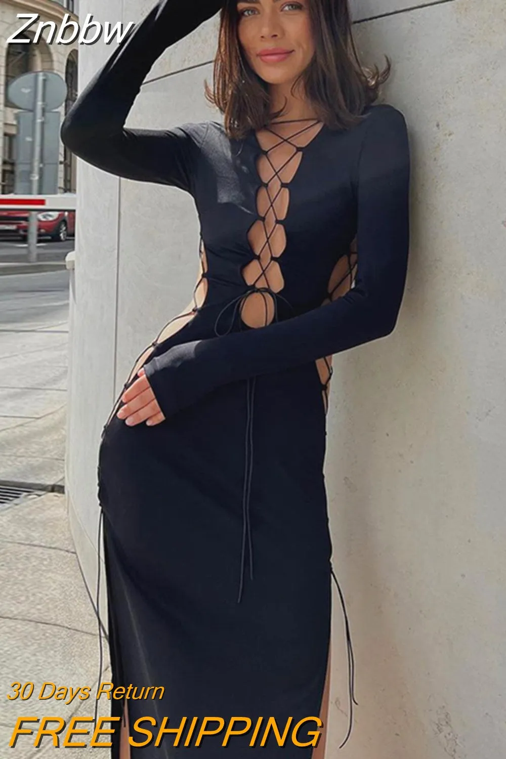 Znbbw Women Long Sleeve Hollow Out Party Club Bodycon Streetwear Long Dress 2023 Autumn Clothes Wholesale Items For Business - Image 4