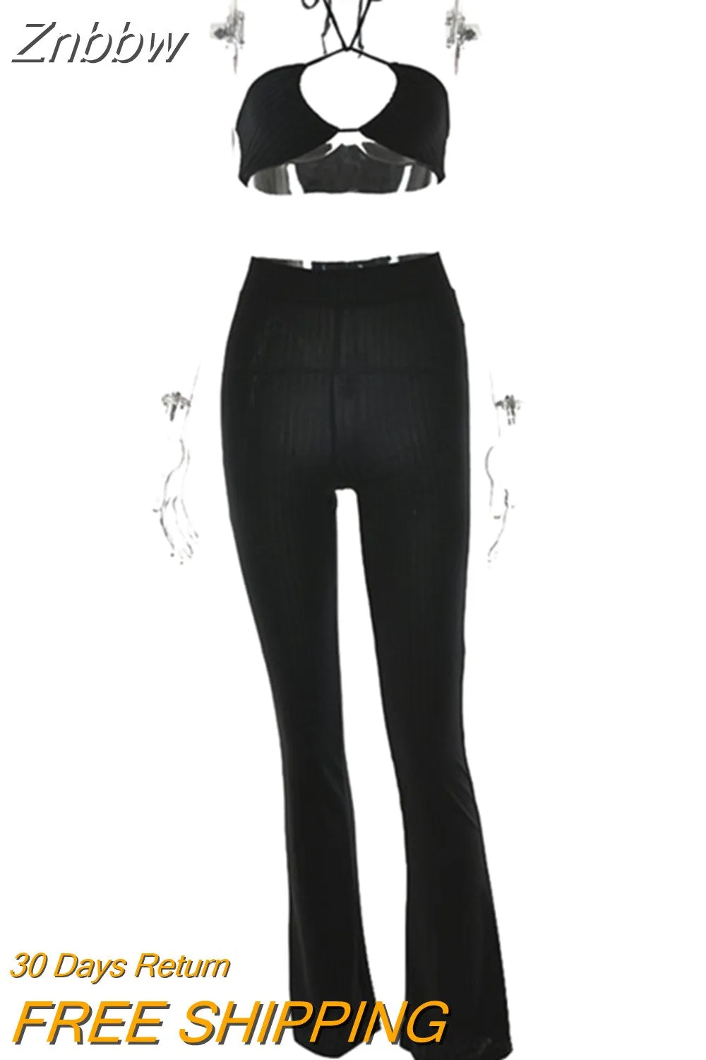 Znbbw Knit Ribbed Two Piece Set For Women Sexy Halter Corset Tank Tops And Straight Pants Sets White Hollow Out Trouser Set - Image 4