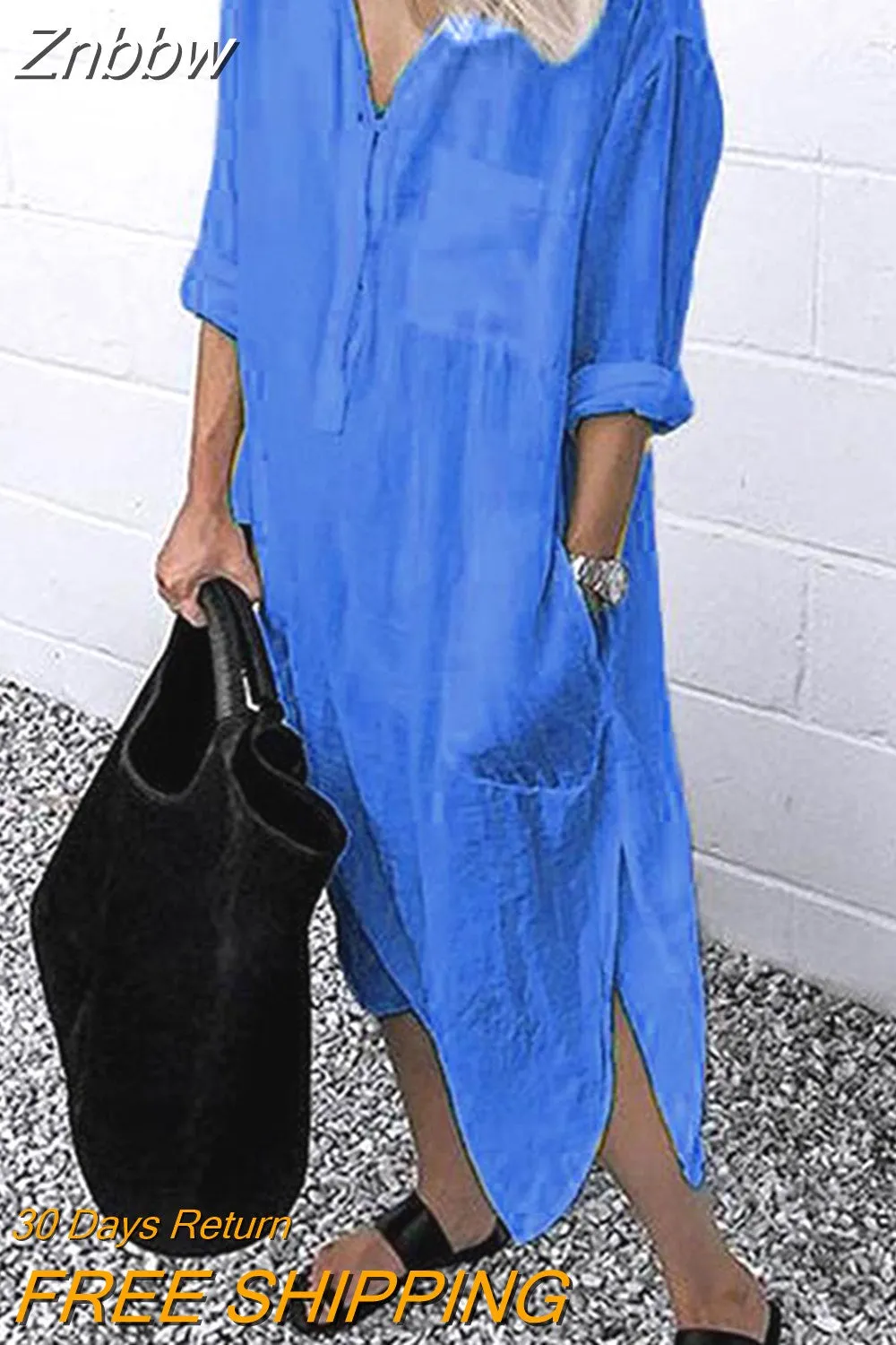 Znbbw Women Lapel Long Sleeve Shirt Dress Summer Solid Color Slit Pocket Button Shirt Female Casual Holiday Beach Party Loose Dresses - Image 3