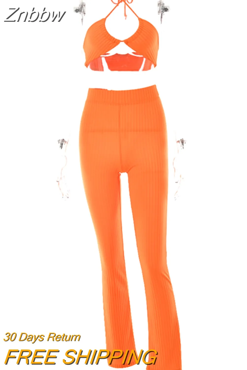 Znbbw Knit Ribbed Two Piece Set For Women Sexy Halter Corset Tank Tops And Straight Pants Sets White Hollow Out Trouser Set - Image 7