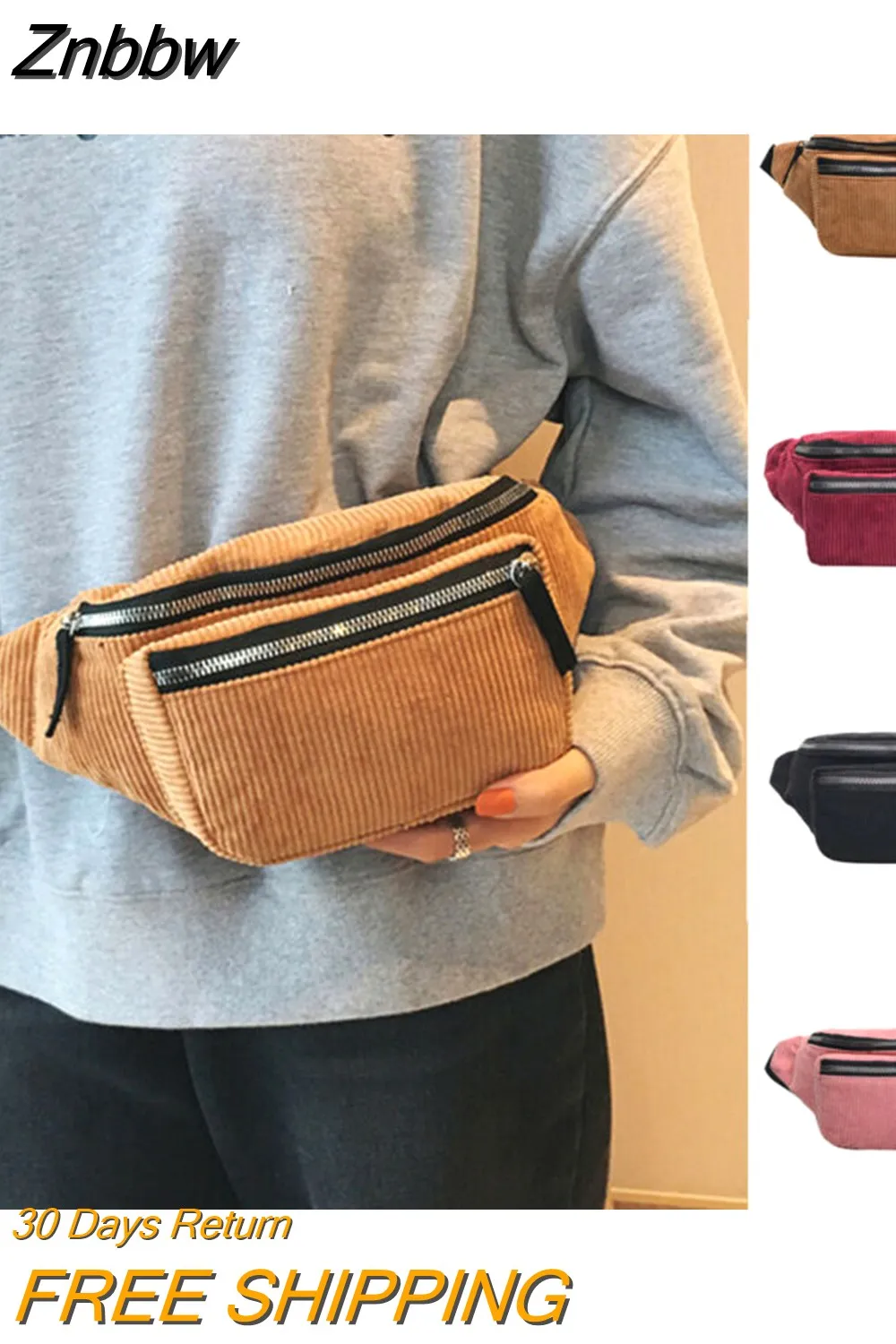 Znbbw Fashion Ladies Women Bag Corduroy Cotton Bum Bag Casual Solid Waist Packs Chest Bag Wine Red Black Brown Pink 4 Colors
