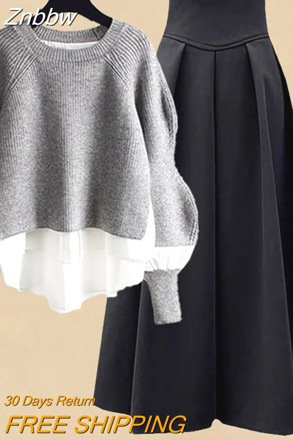 Znbbw Women Spring Autumn Two Pieces Sets Korean Long Sleeve Pullover Knitted Sweater And Pleated skirt Long Suit 0410