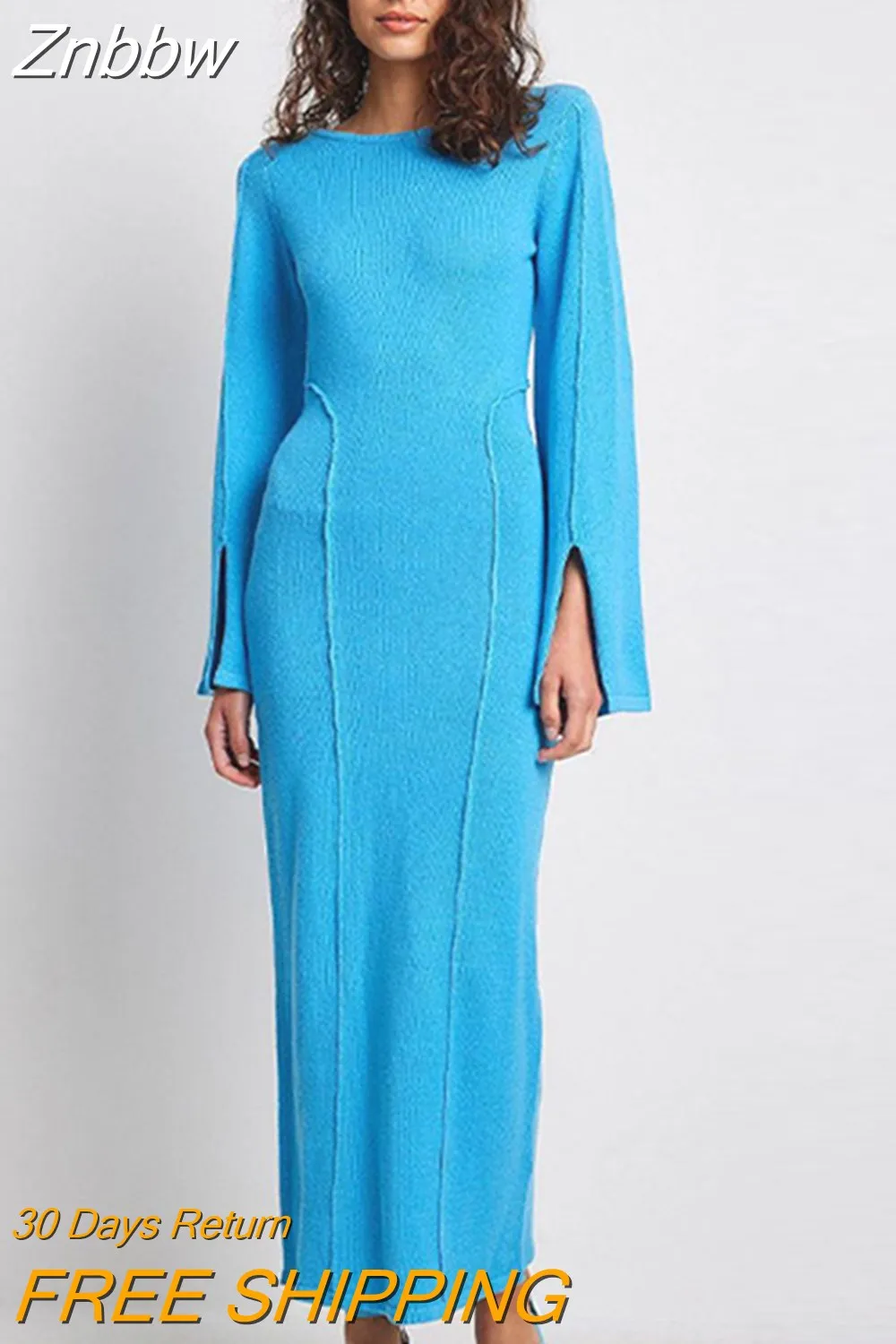 Znbbw Autumn Fashion Solid Knit Dress Women Elegant Split Sleeves Stretch Knitting Dresses Ladies Chic High Streetwear Vestido - Image 6