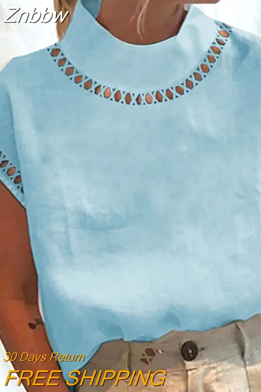 Znbbw Women Solid Hollow Out Tops Summer Turtleneck Cotton Linen Breathable Blouses Casual Loose Short Sleeve Office Shirt Pullover - Image 8