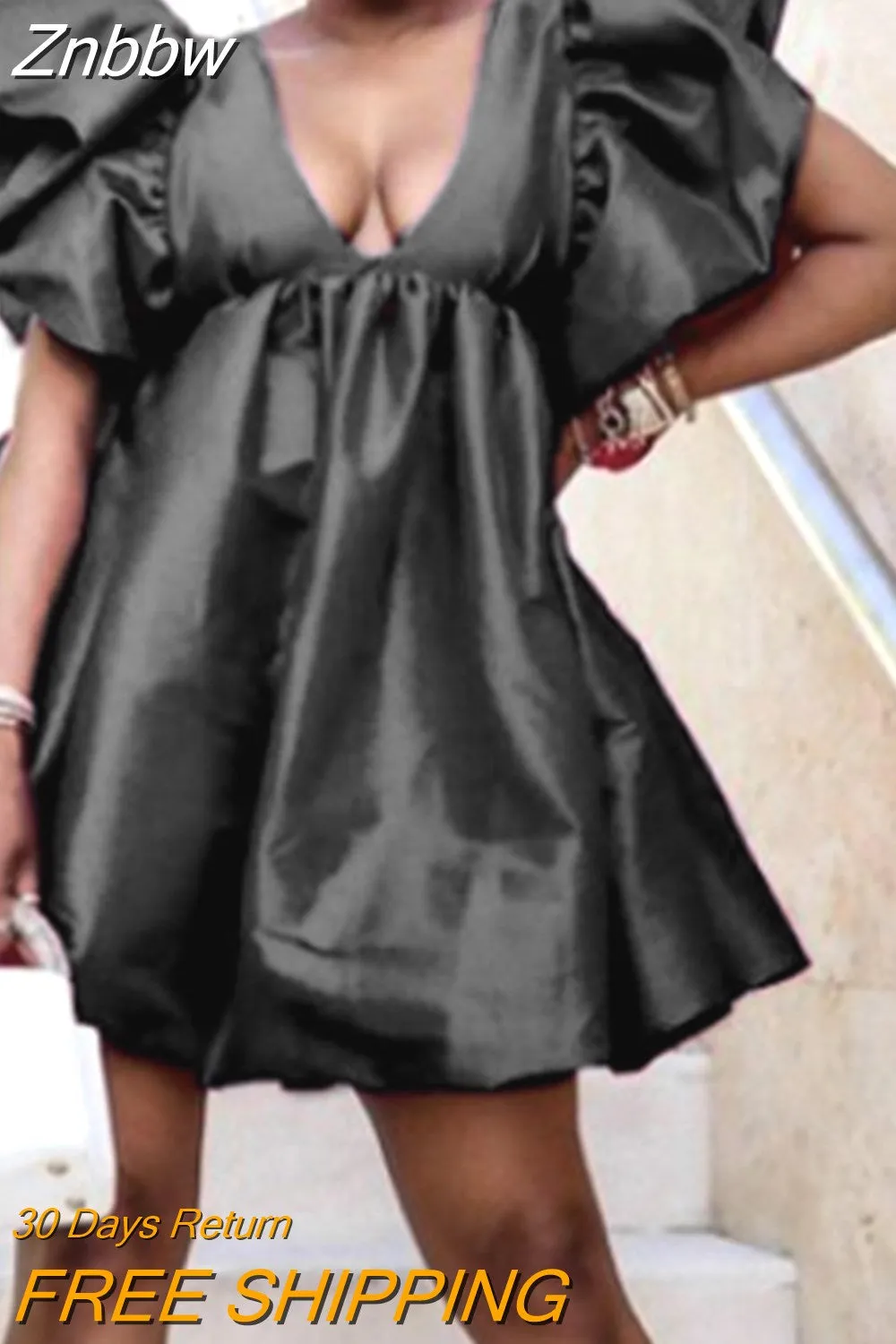 Znbbw Women Sexy Solid Dress Fashion Puff Sleeve Pleated Ruffled Femininos Sundress Summer Female Deep V High Waist Mid Dresses - Image 2