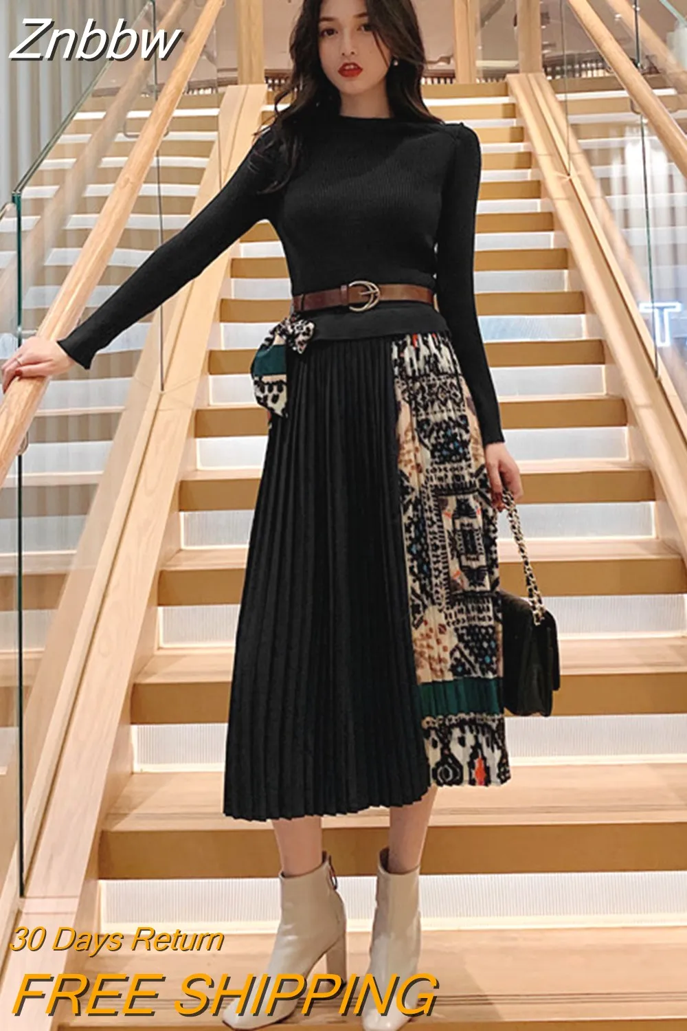 Znbbw 2023 New Spring Autumn Elegant Knitted Patchwork Pleated Midi Dress Women Long Sleeve Retro Runway Printing chic Dresses - Image 5