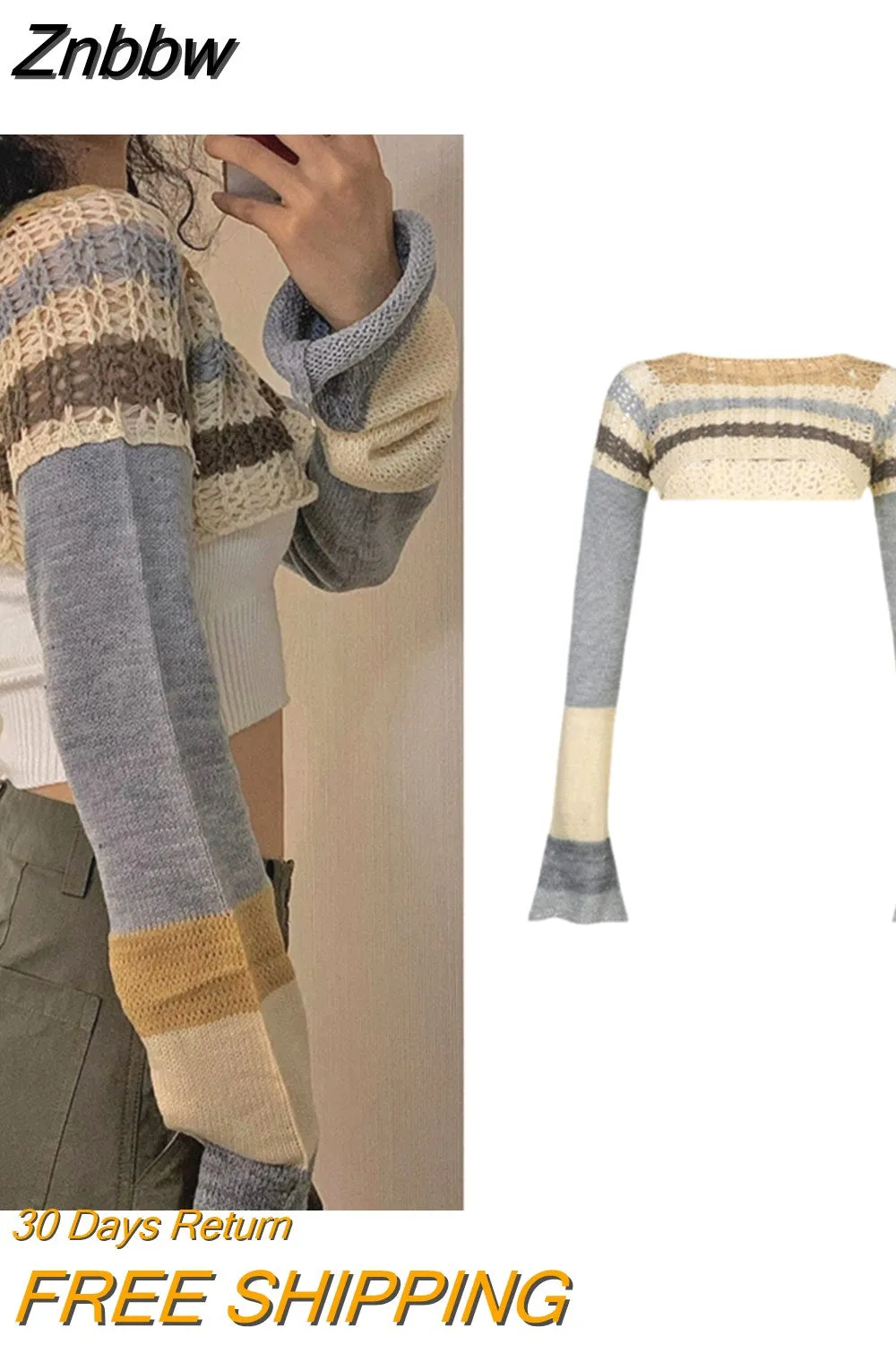 Znbbw Y2K Vintage Striped Knitted Cropped Sweater Women Harajuku Hollow Out Patchwork Pullover Korean Fashion Casual Jumper - Image 2