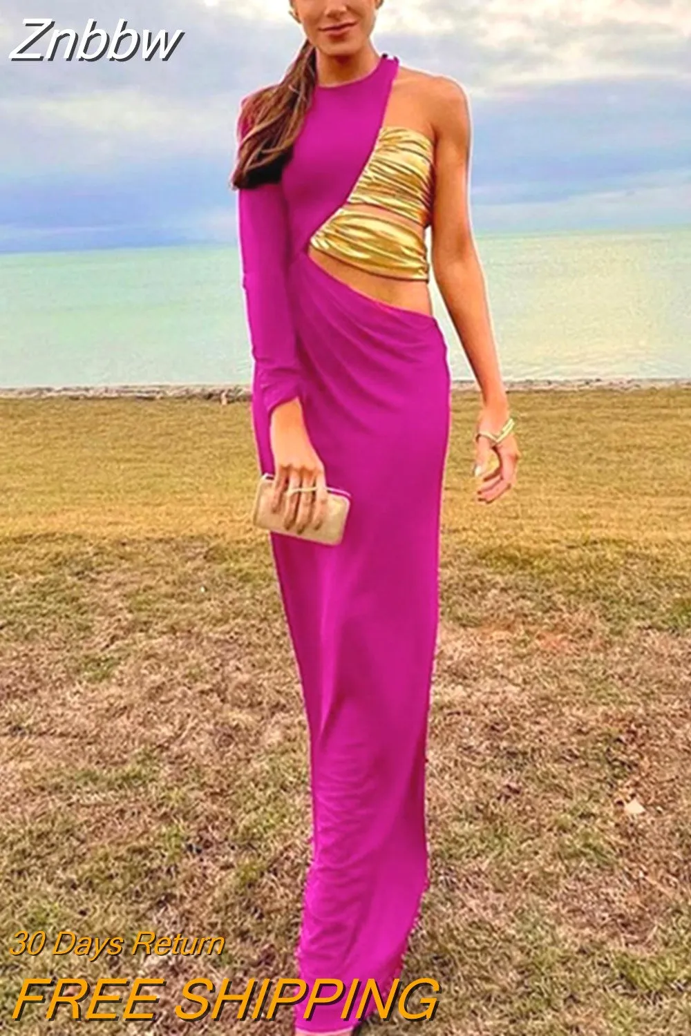 Znbbw Shoulder Long Sleeve Long Dress Women Fashion High Waist Backless Maxi Bodycon Dresses 2023 Female Evening Party Dresses