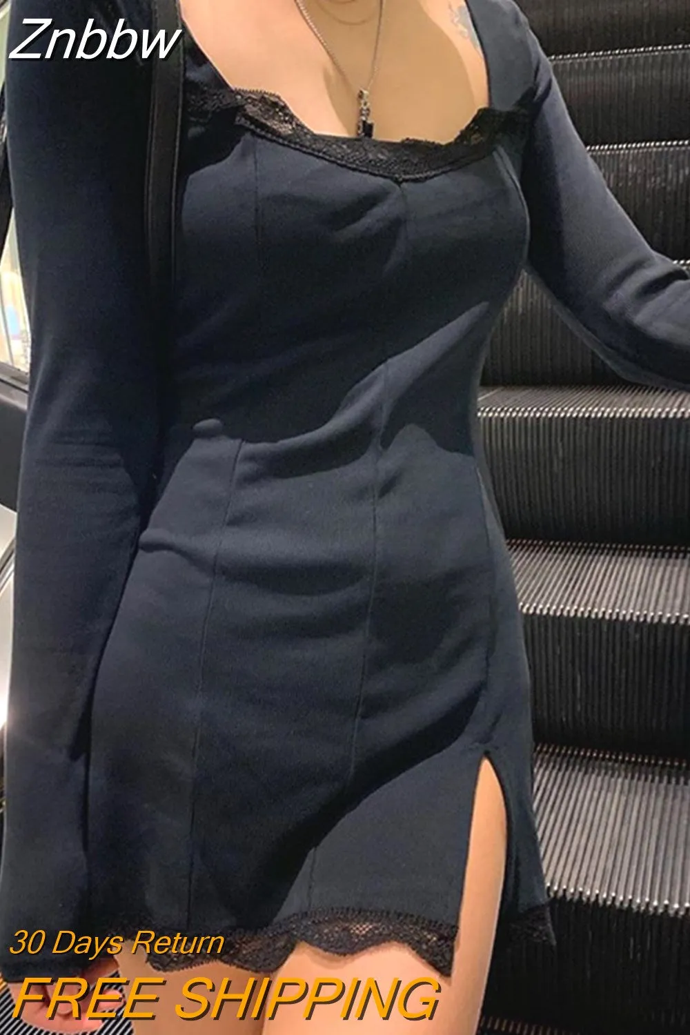 Znbbw Autumn Spring Women Sexy Lace Patchwork Long Sleeve Split Dress Hip Package Mini Vestido Party Club Low Chest Outfits Cloth - Image 2