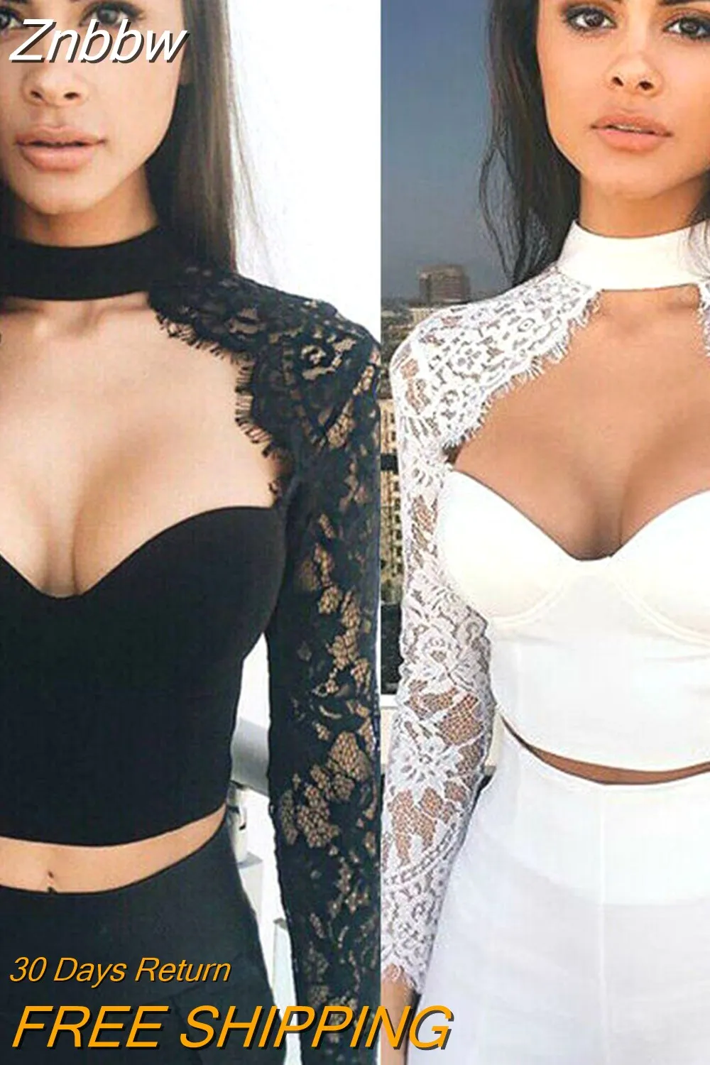 Znbbw Elegant Lace Crop Tops Women Long Sleeve Hollow Out Turtleneck Slim Skinny Club Party Fashion Vintage Short T Shirts Tee