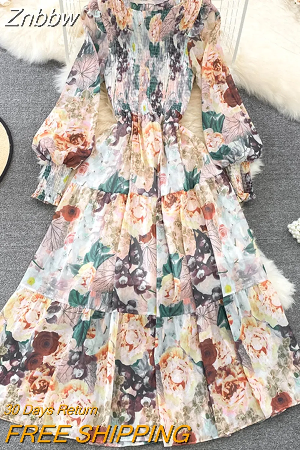 Znbbw Women's Spring Autumn Long Sleeved Chiffon Dress with Wooden Ear Edge Waist Closing Floral Holiday Big Hem Long Dress D2460 - Image 6
