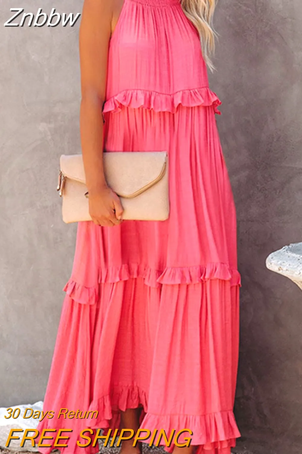 Znbbw Women Solid Vintage Long Dress Summer Boho Elegant Halter Sleeveless Ruffle Layered Dress Female Casual Beach Party Maxi Dress - Image 2