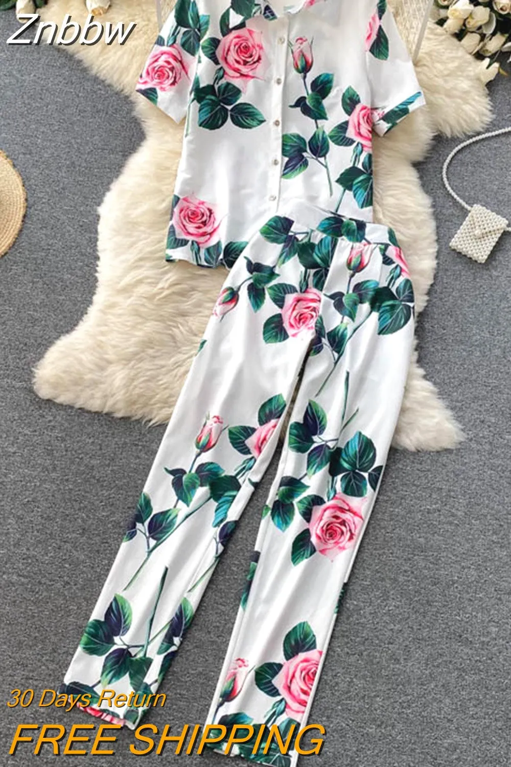 Znbbw Summer Women Clothing Runway Suits Short Sleeve Floral Print Shirt + Hight Waist Pencil Pants 2 Piece Set outfits N69131
