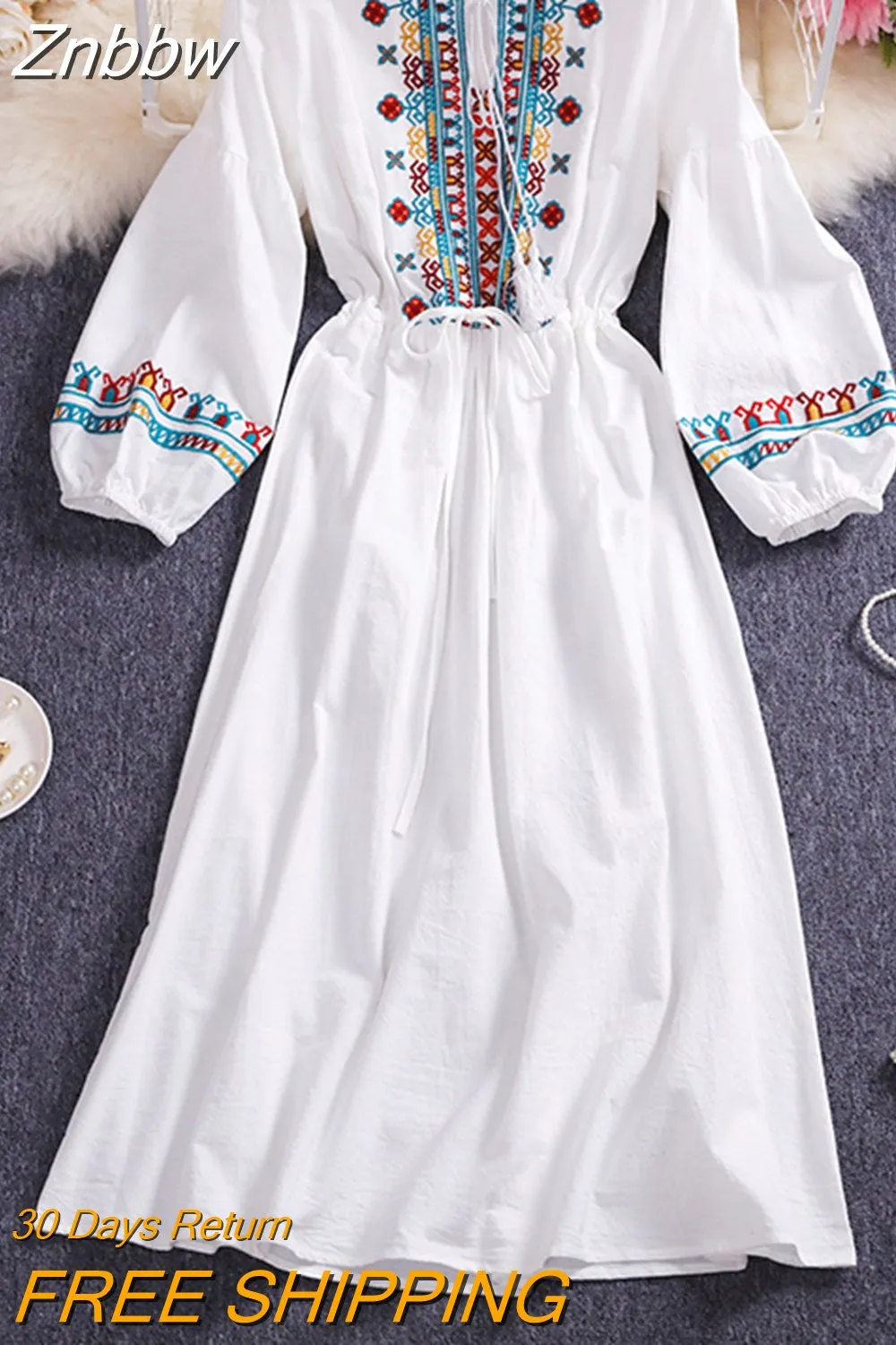 Znbbw Autumn Women Dresses Bohemian Embroidered Flower O-Neck Lantern Sleeve High Waist Dress All-match Female Vestidos GD629 - Image 6