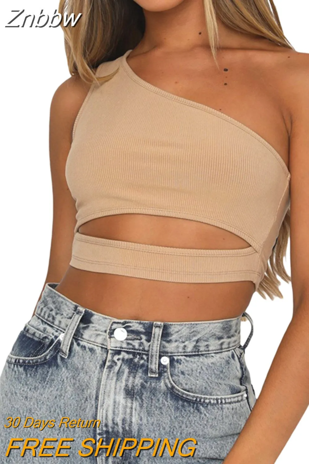 Znbbw Women One Shoulder Tank Tops Summer Solid Collar Hollow Out Vest Slim Sleeveless Crop Tops Casual Female Streetwear Straps Tanks - Image 6