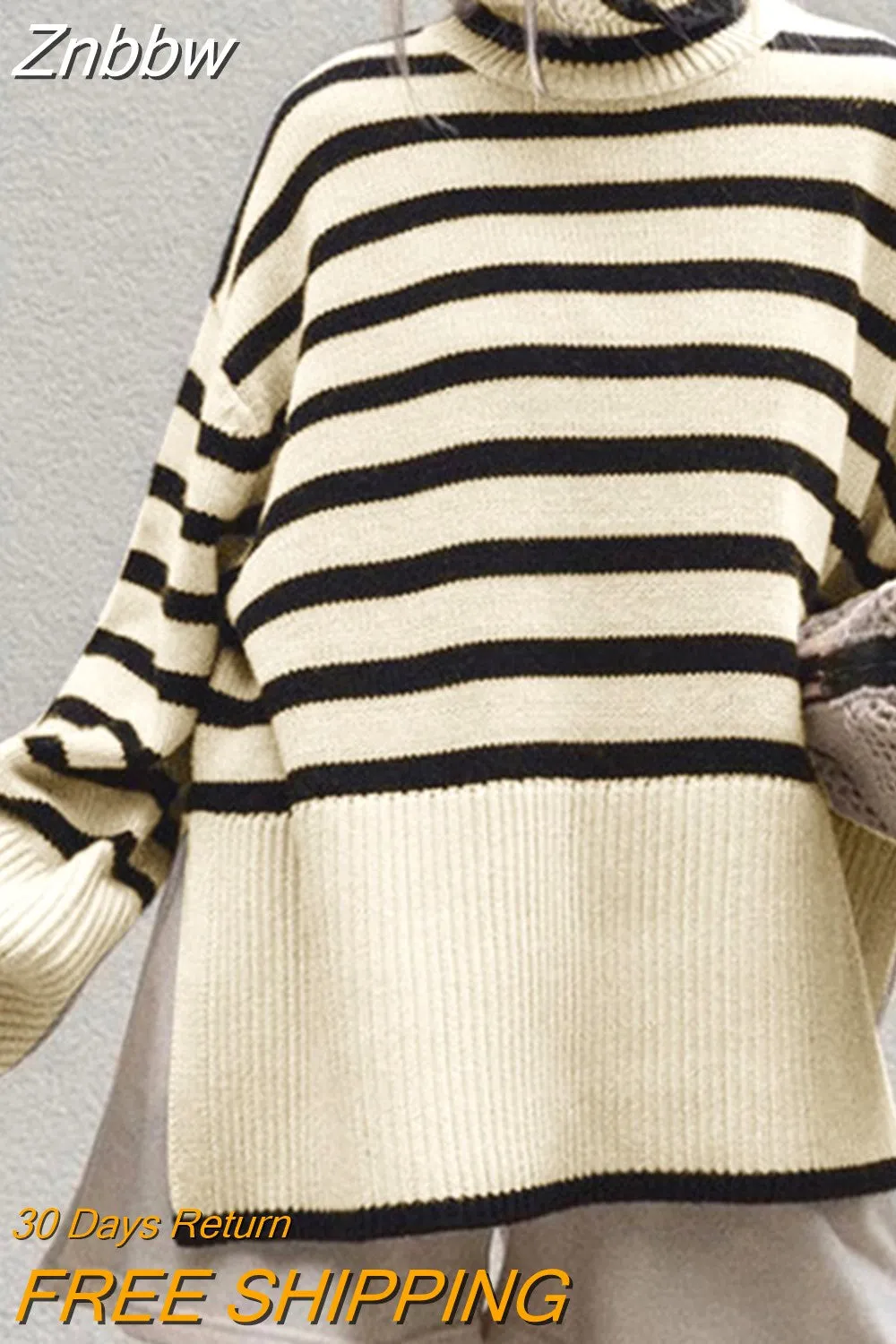 Znbbw Women Turtleneck Sweaters Striped Split Autumn Winter Long Flare Sleeve Knitted Pullover Oversized Y2K Female Knitwear Top - Image 6
