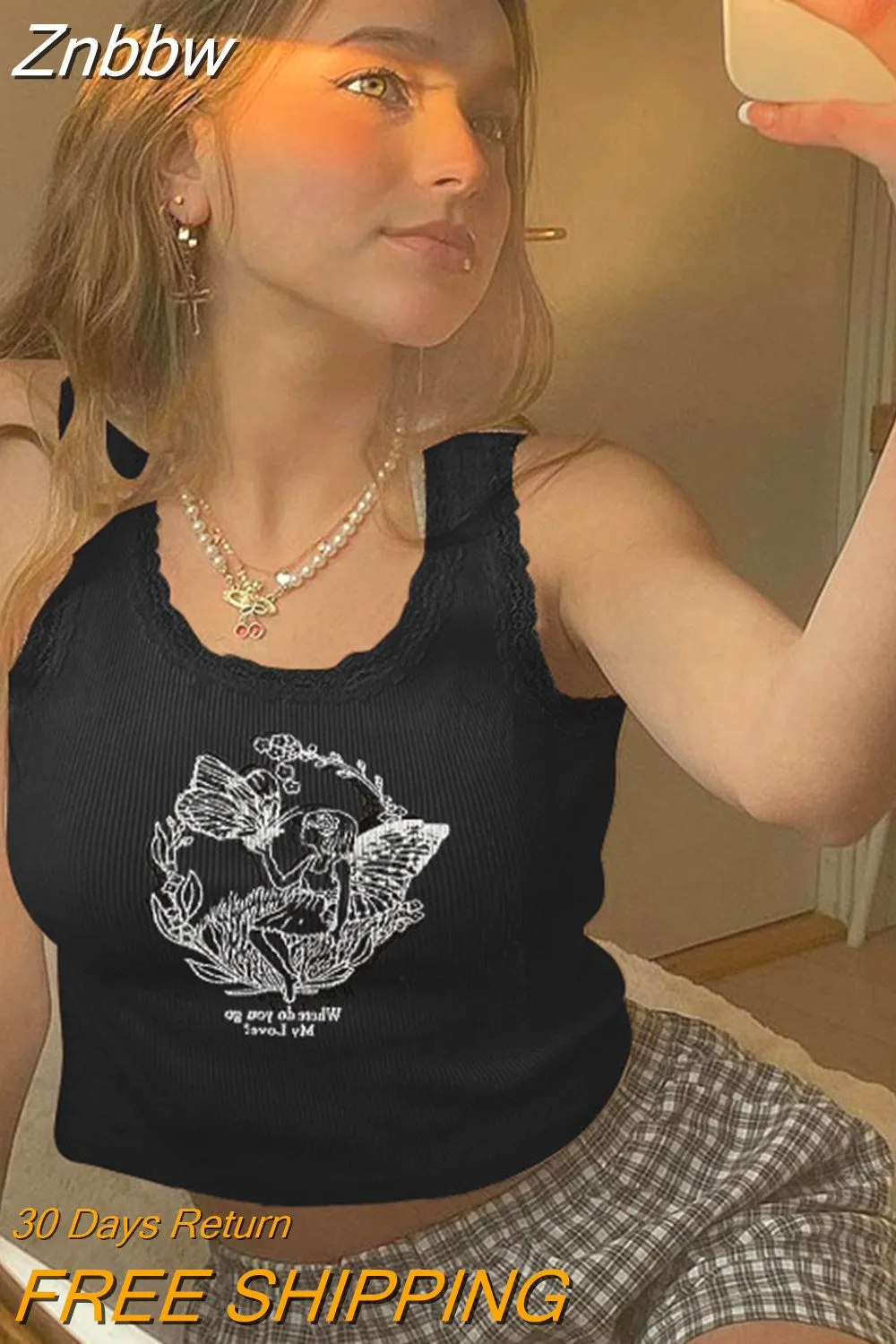 Znbbw Printed Lace Trim White Crop Top Fairy Grunge Summer Clothes for Women Cute Slim Fit Ribbed Tank Tops - Image 5