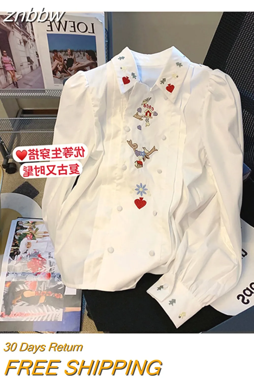 znbbw Women's French Vintage Shirt Embroidery Blouses Elegant Loose Polo-Neck Double Breasted Long Sleeve Blouses Spring 2023 Female - Image 2