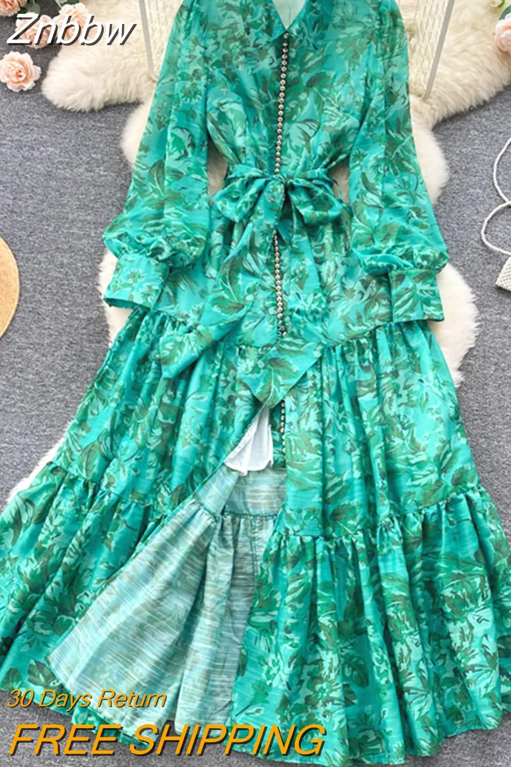 Znbbw Women Spring Summer French Gentle Wind Long-sleeved Dress Early Autumn New Seaside Holiday Waist Thin Split Floral Dress D1725 - Image 5