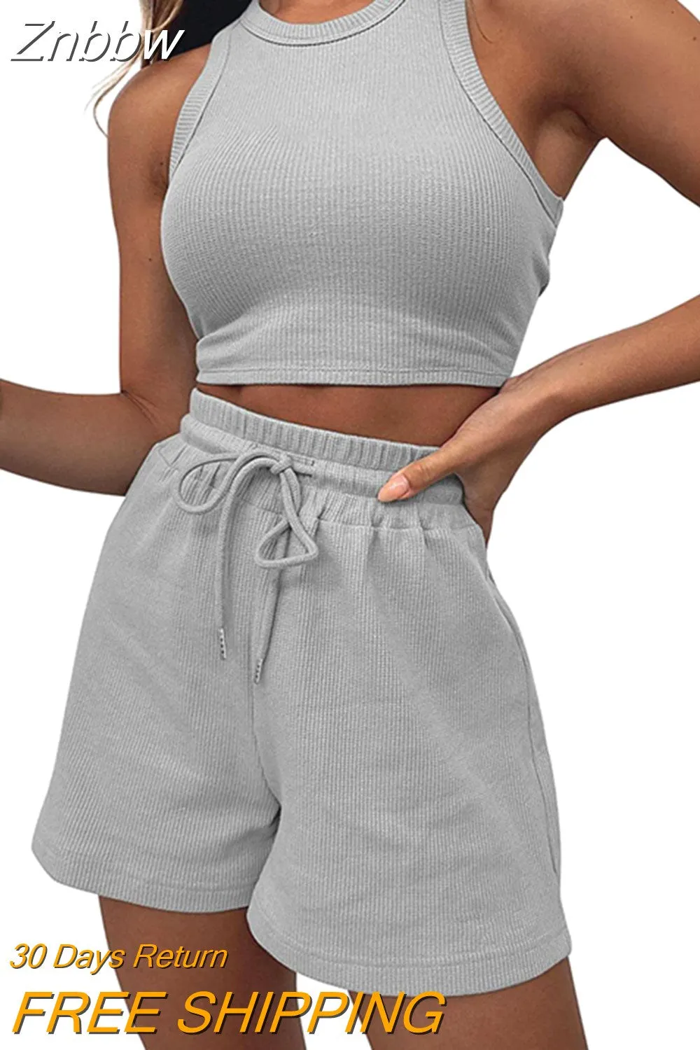 Znbbw women sets two pieces 2023 high quality Casual Waffle Knit Sleeveless Summer Outfits Matching High Waist Shorts Sets - Image 9