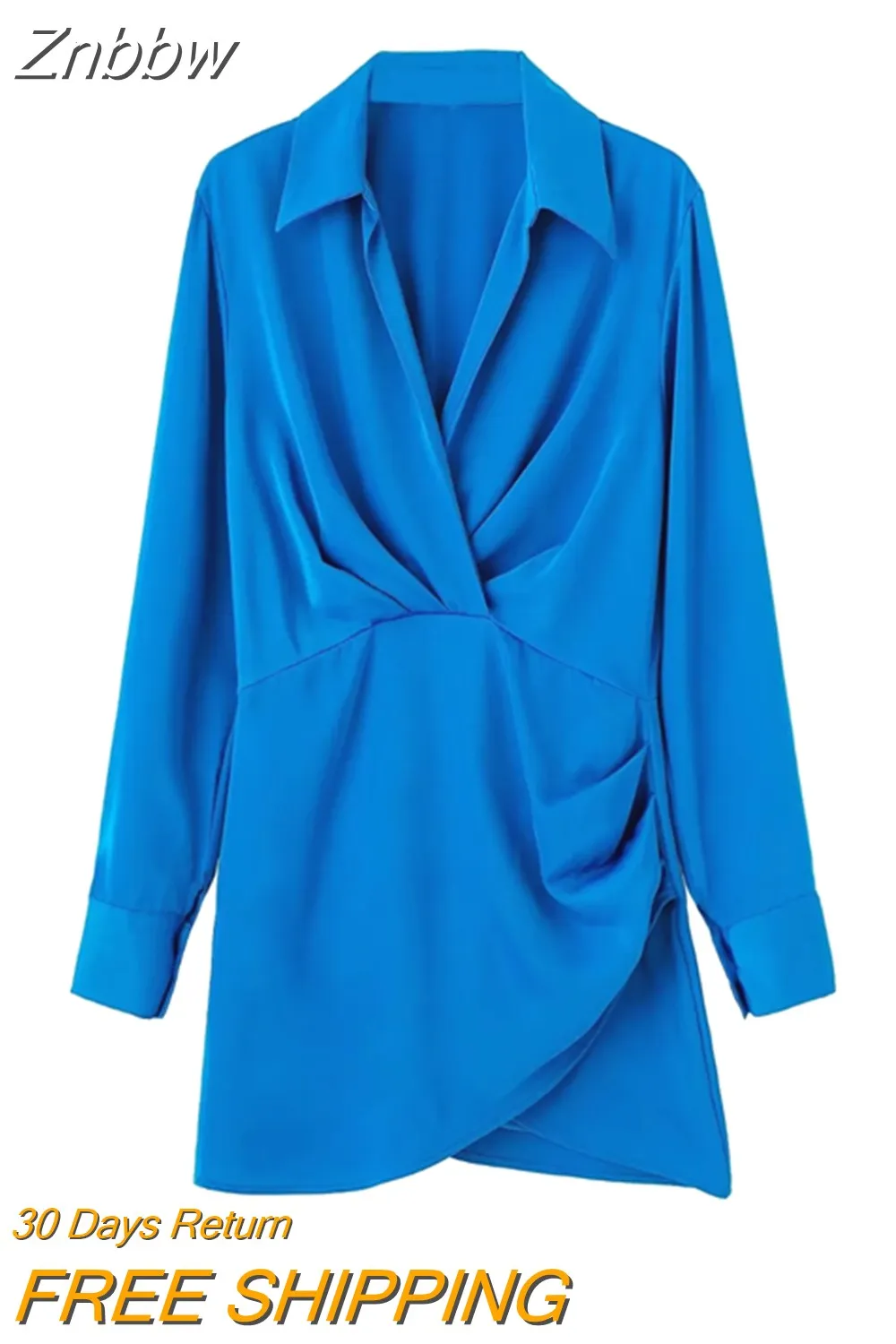 Znbbw 2023 Women Fashion Pleated Soft Touch Wrap Mini Dress Vintage Long Sleeve Side Buttons Female Dresses Vestidos 202304 - Image 5