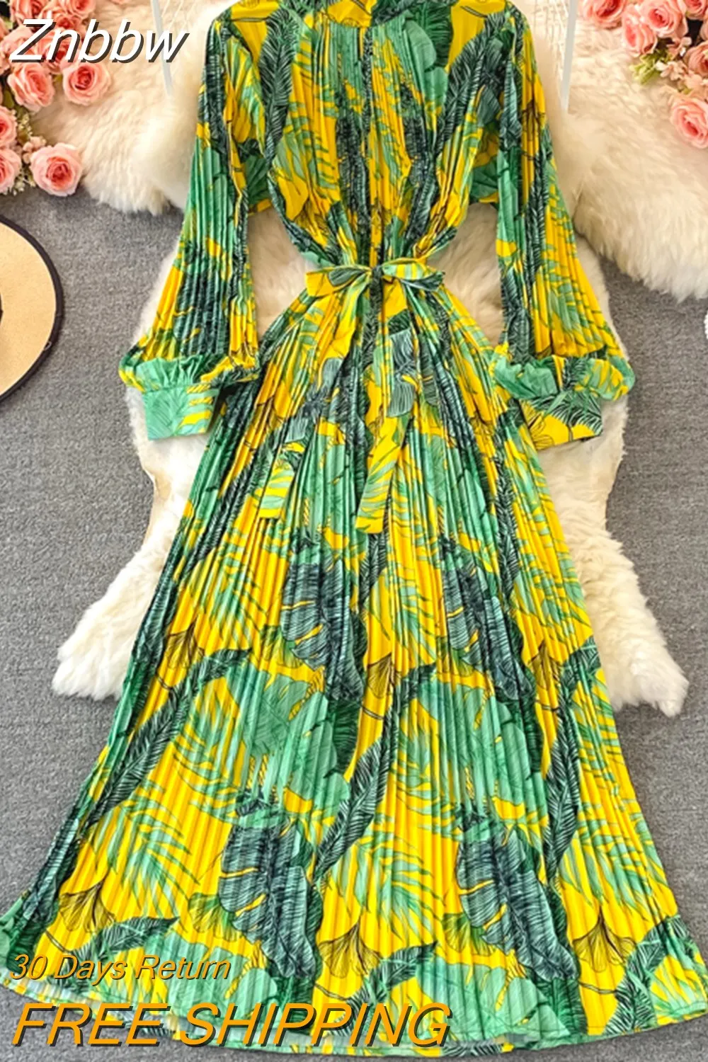 Znbbw Spring Autumn New Dress Temperament Turtleneck Waist Slim Long Sleeves Lace Up Wild Floral Maxi Vestidos Female UK016 - Image 5