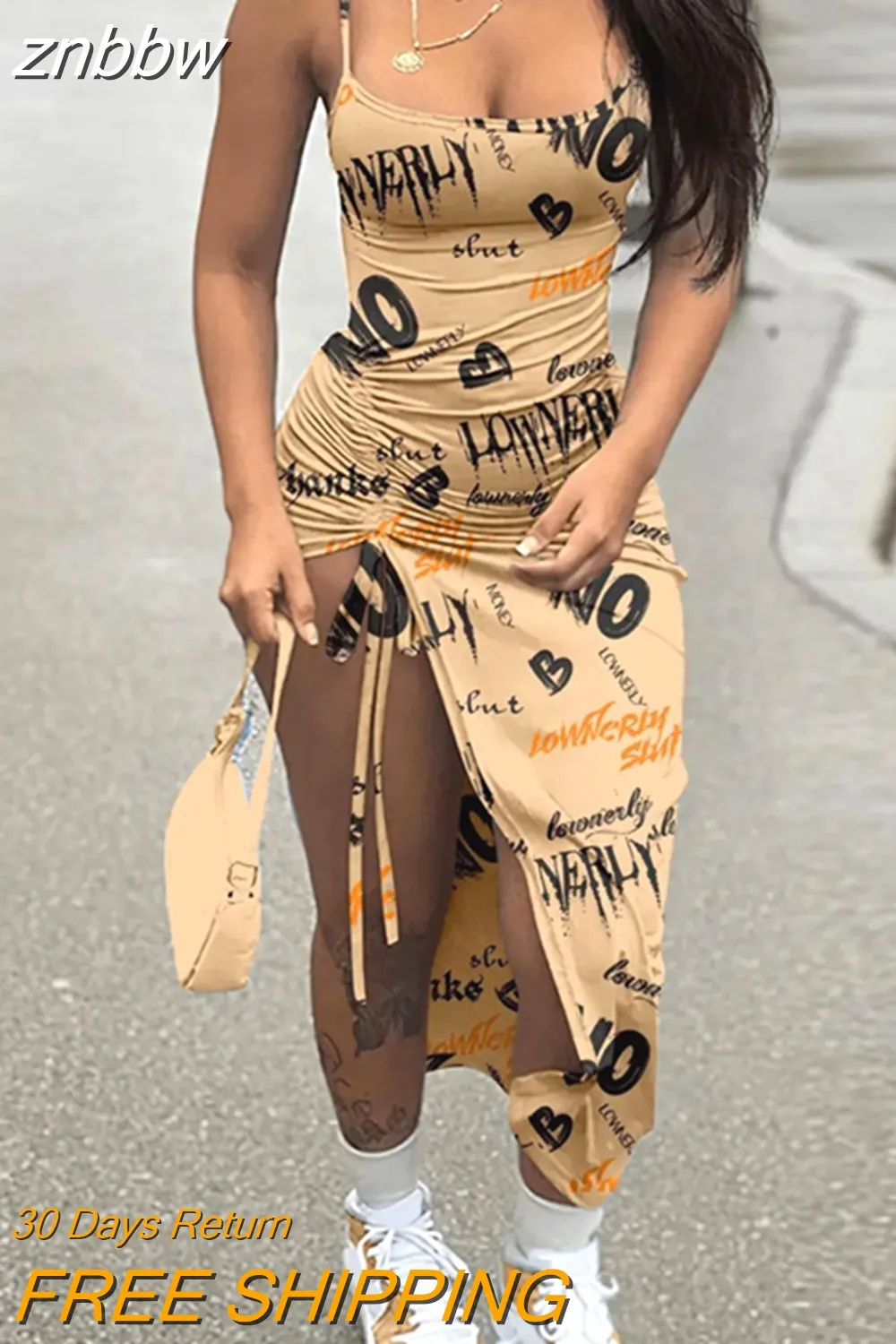 znbbw Red Printing Cami Long Dress Night Club Outfit For Women 2023 Summer Pink Bodycon Pleated Backless Split Maxi Dress 912 - Image 2