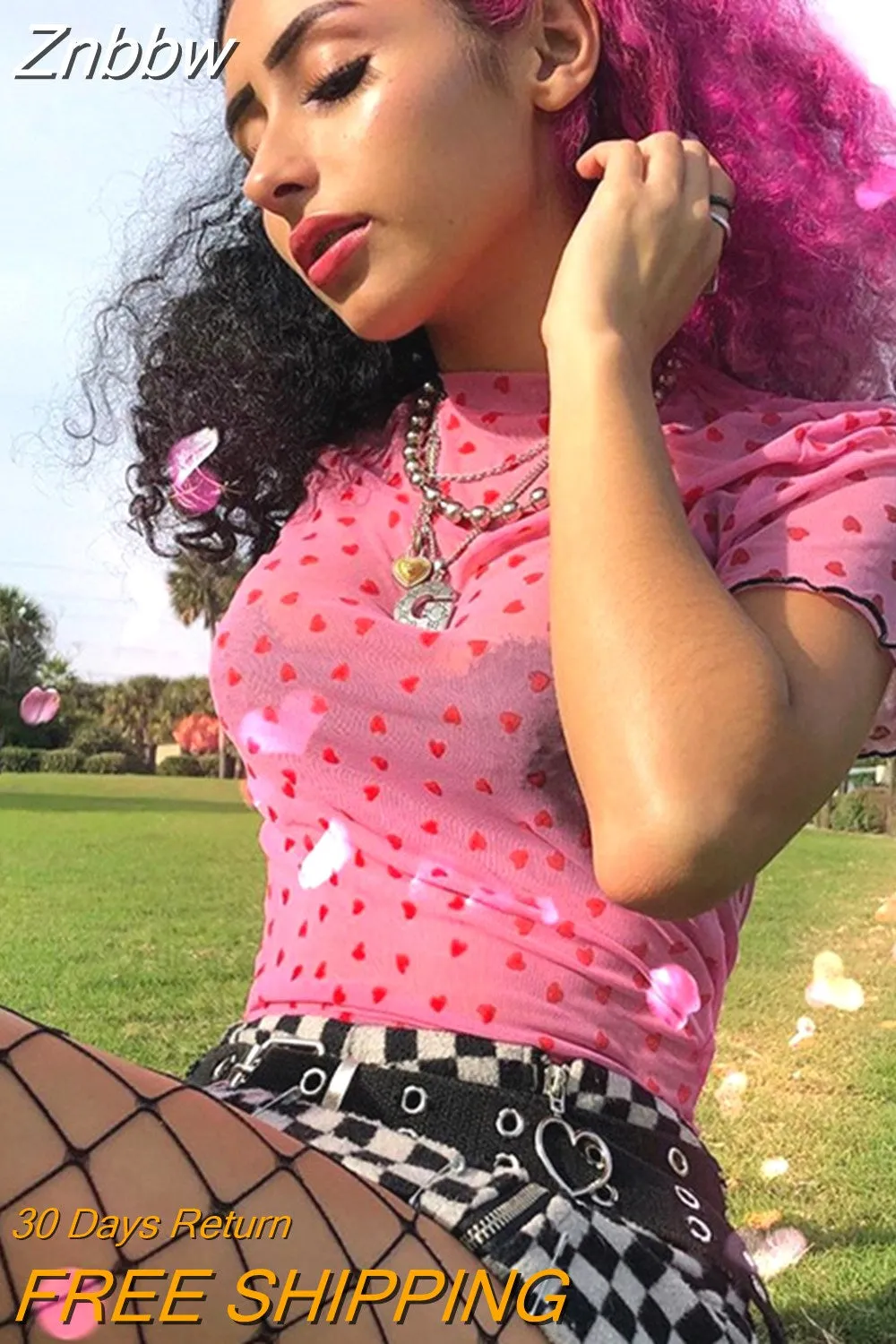 Znbbw Mesh Heart Turtleneck T Shirts Tops Women Transparent 2023 See Through White Black Elastic Skinny Crop Tops Stretchy New