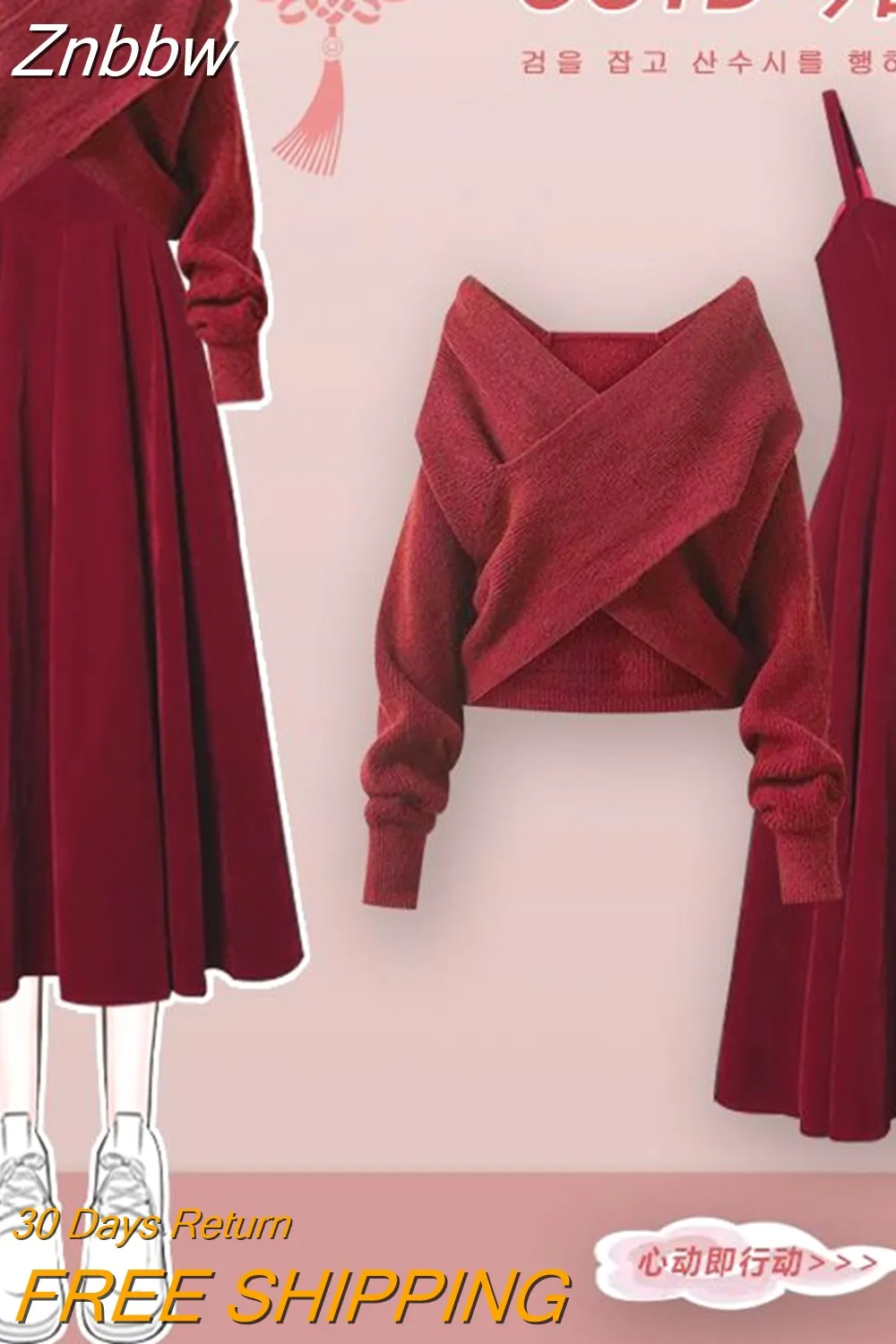 Znbbw Women's 2023 Autumn Winter New Fashion V-Neck Knitted Sweater Dress Two Piece Korean Elegant Matching Set Female Suit - Image 3