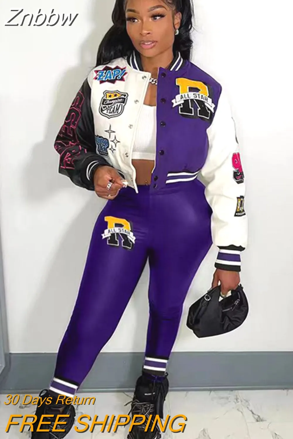 Znbbw Letter Casual Two Piece Set For Women Single Breasted Baseball Jogging Suits Full Sleeve Short Jacket Trousers Suit - Image 4