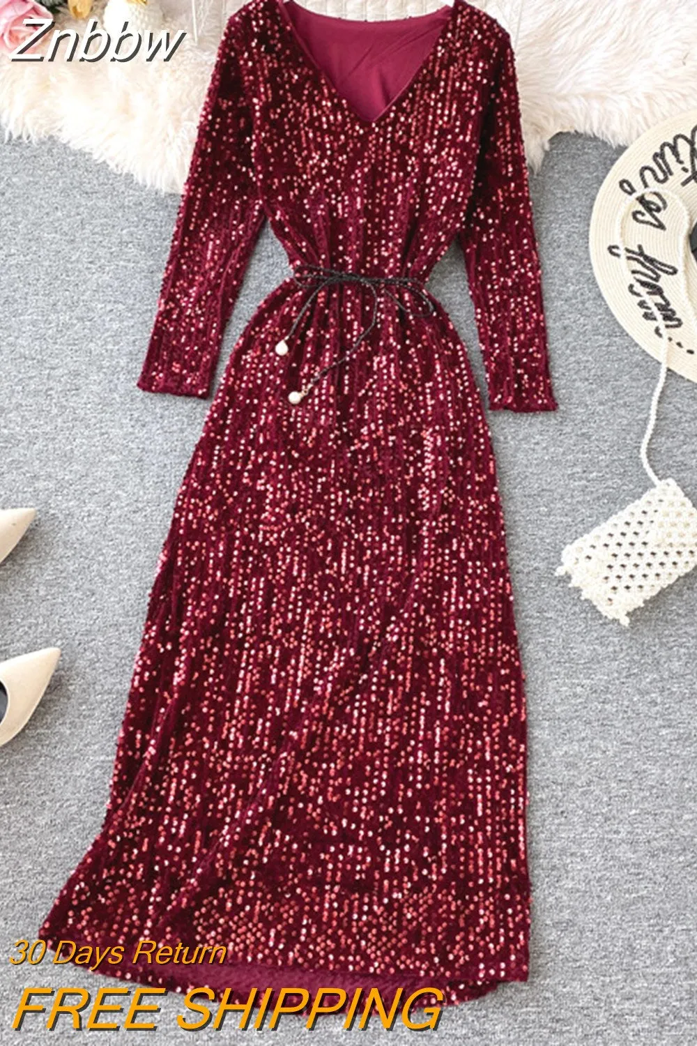 Znbbw Women's Party Dress Long-sleeved Dress New Sequin Temperament Banquet Host Elegant V-neck Waist Lacing Dress Sexy Dress Y454 - Image 6