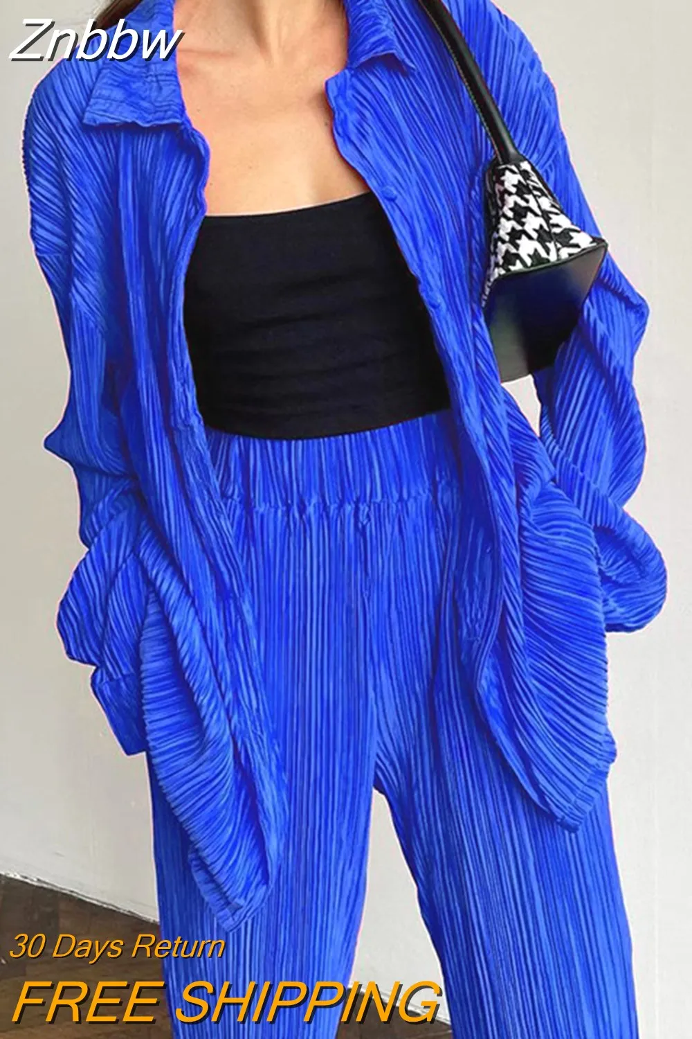 Znbbw Women Two Piece Set Loose Elegant Pleated Blouses and High Waist Wide Leg Trousers Casual Matching Sets Ladies Female Outfits - Image 12