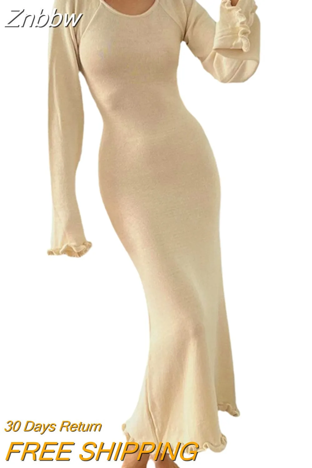 Znbbw Women Ribbed Knit Ruffle Trim Long Dress Long Sleeve Bodycon  Party Cocktail Dress Flare Summer Beach Cover Up - Image 7