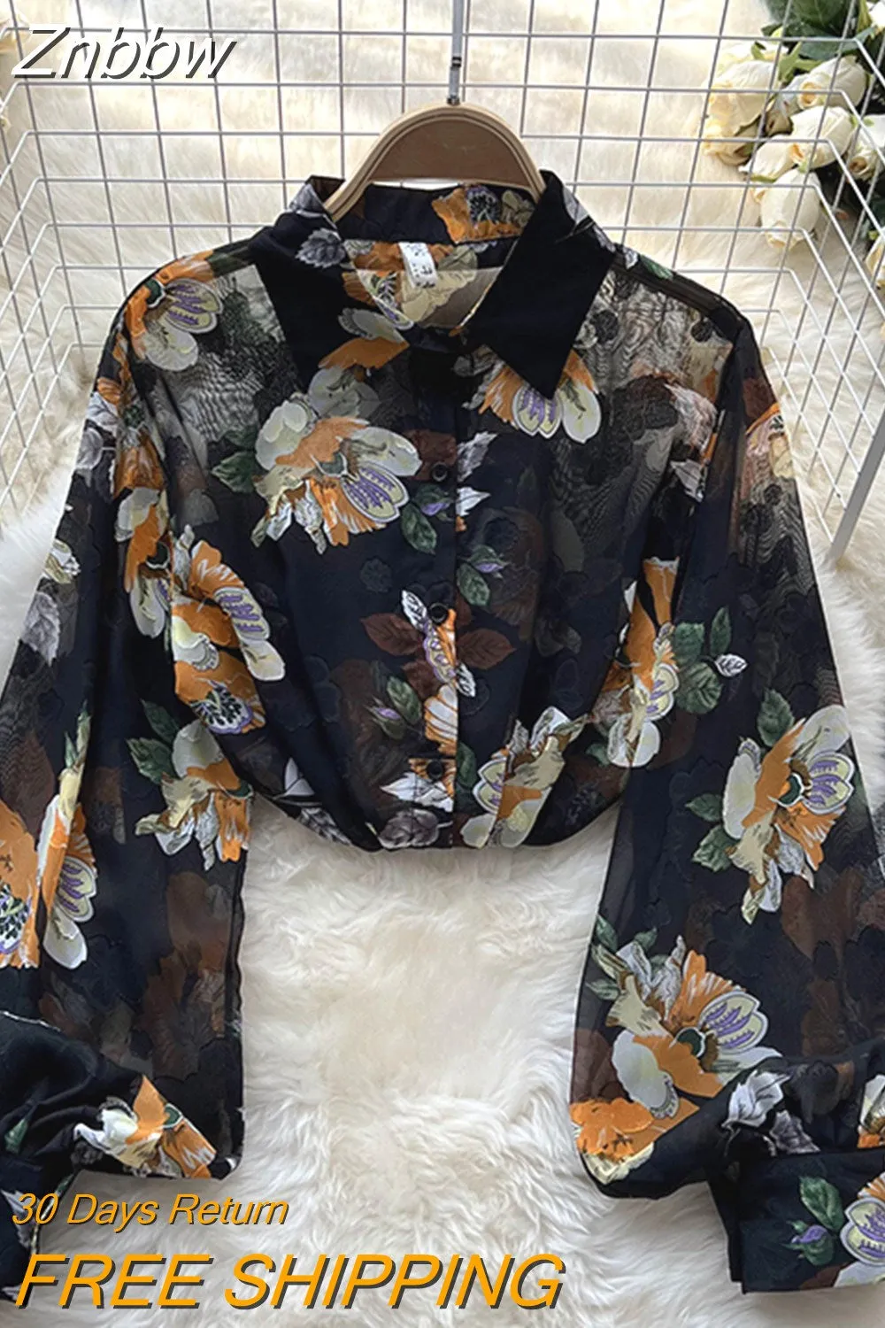 Znbbw Autumn Temperament Fashion Retro Chiffon Floral Blouses Print Loose Lapel Puff Sleeve Top Button Up Shirt Female GD611 - Image 13