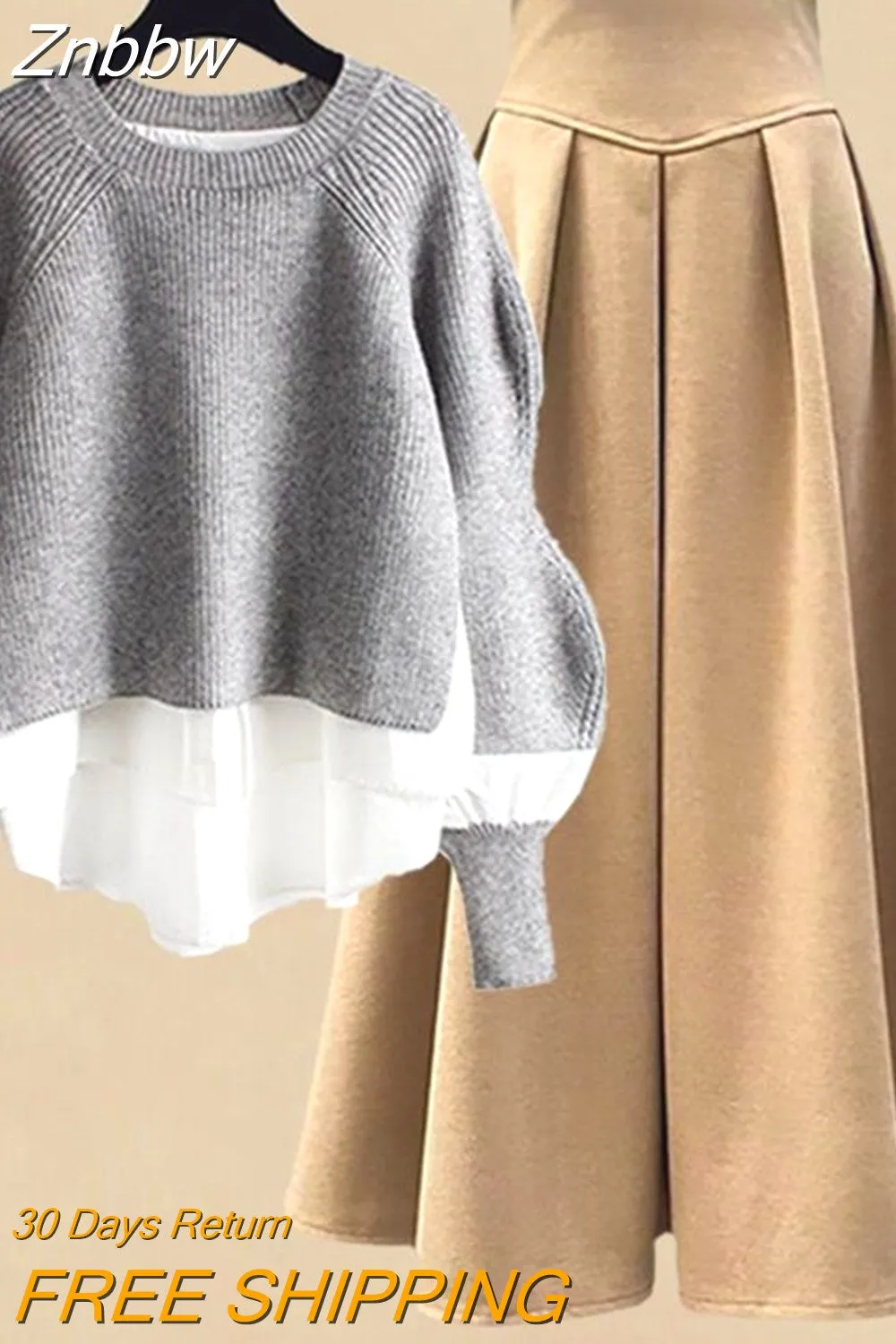 Znbbw Women Spring Autumn Two Pieces Sets Korean Long Sleeve Pullover Knitted Sweater And Pleated skirt Long Suit 0410 - Image 6