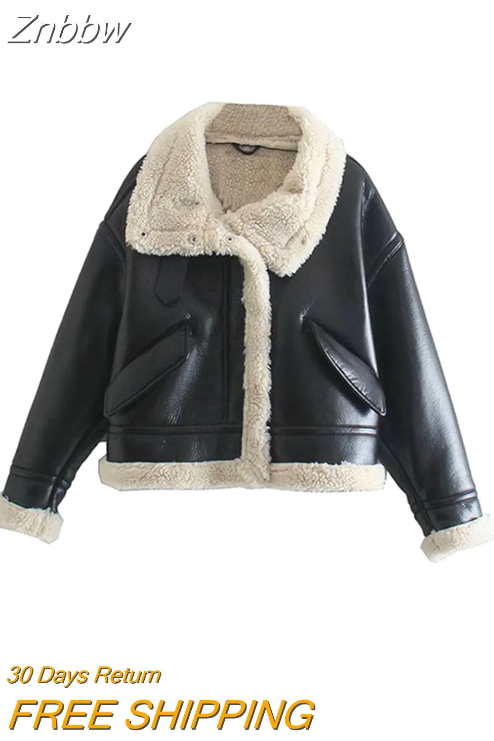 Znbbw Women Streetwear Faux Lamb Leather Fur Lapel Crop Jacket Autumn Female Moto Biker Thick Warm Sheepskin Outwear Coat
