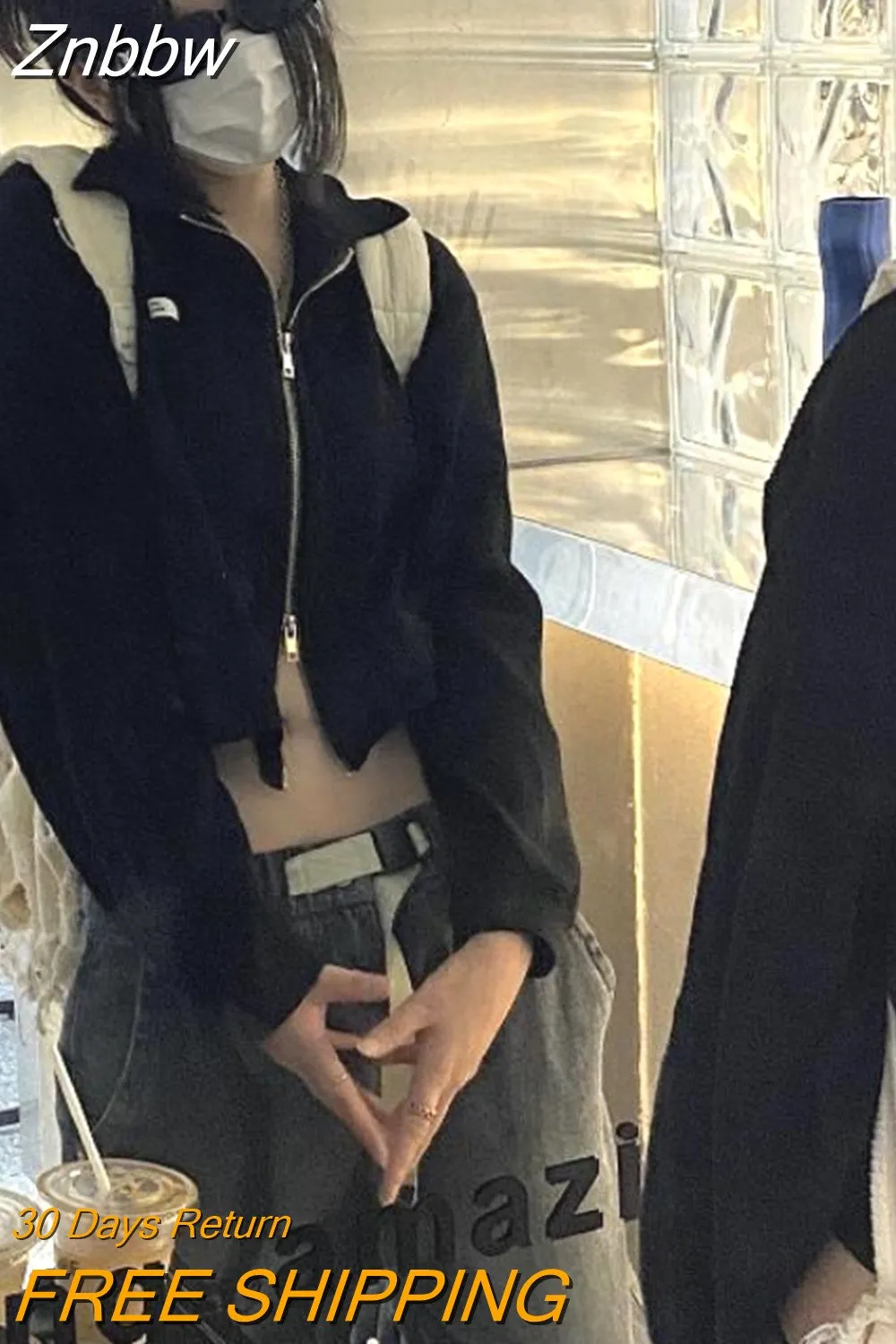 Znbbw Y2K Harajuku Zipper Cropped Jacket Women Streetwear Solid Oversized Coats Fashion Loose Casual All-match Gothic Tops - Image 3