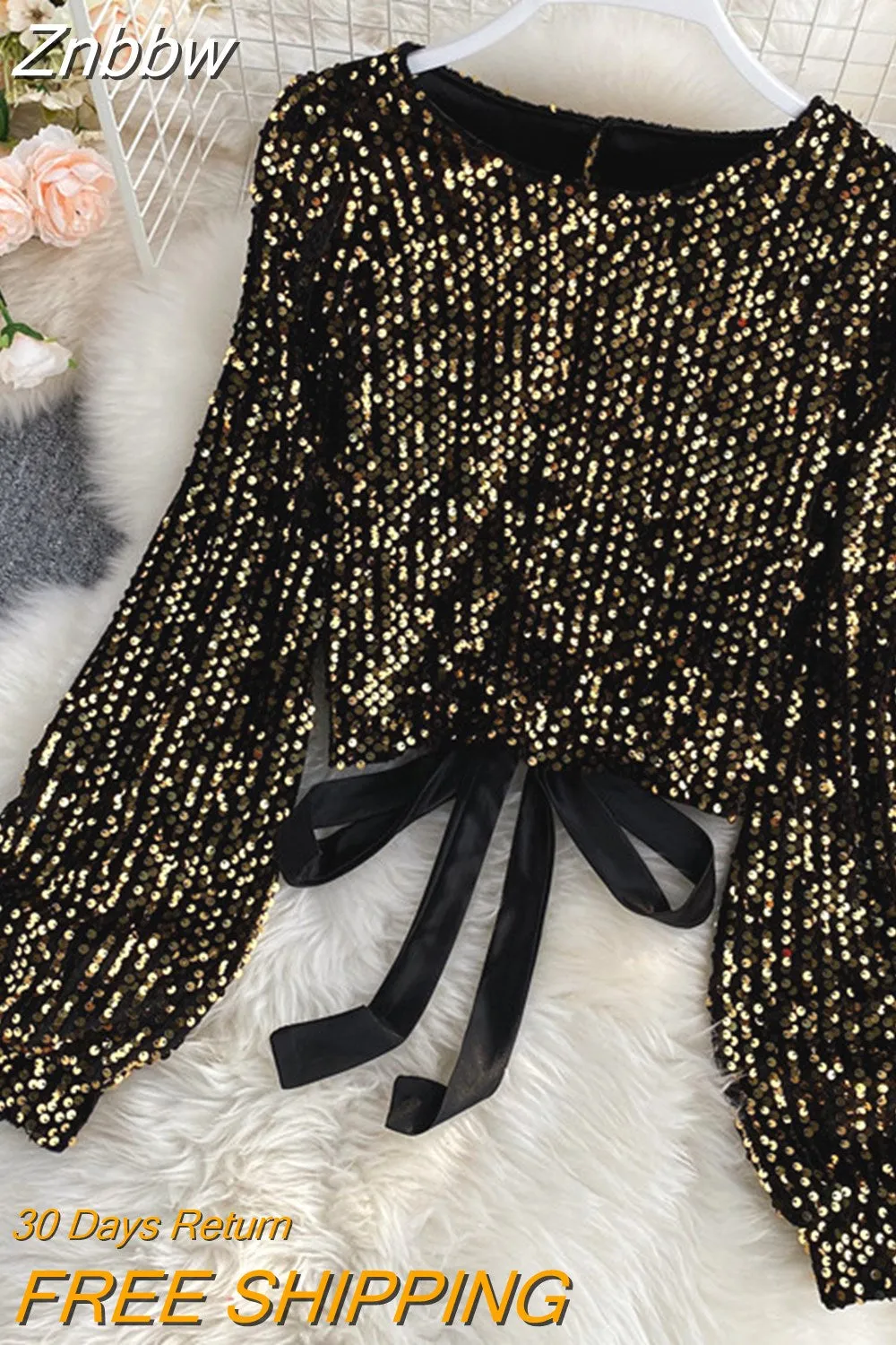 Znbbw WomenSpring Auttumn Blouse New All-match Sequins O-Neck Shirts Long-sleeved Open Back Lace-up Bow Short Tops Female Blusa GX1082 - Image 5