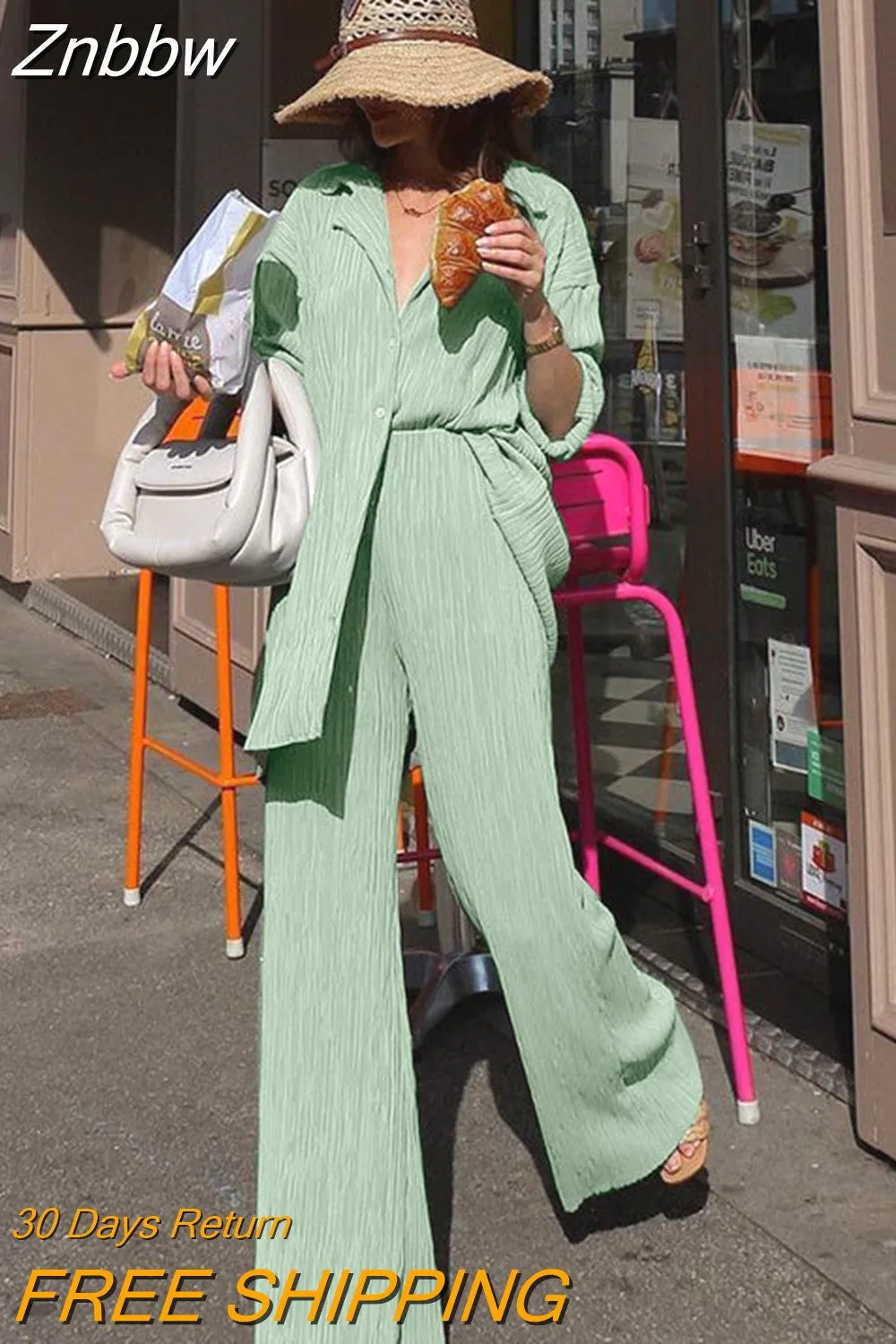 Znbbw Women Two Piece Set Loose Elegant Pleated Blouses and High Waist Wide Leg Trousers Casual Matching Sets Ladies Female Outfits - Image 15