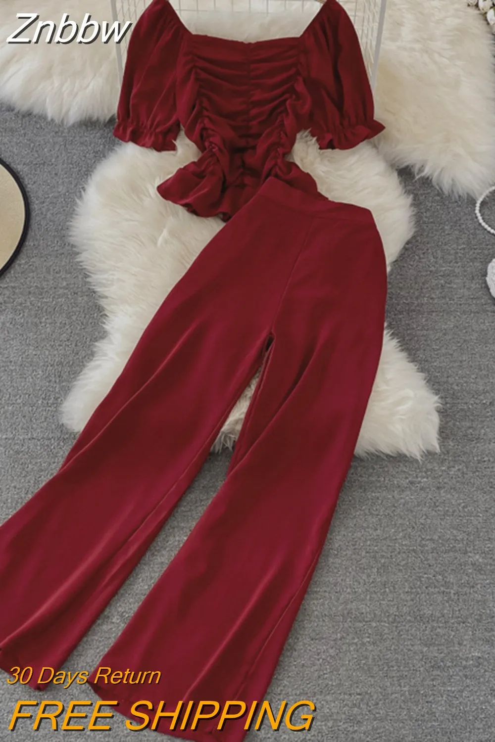 Znbbw Women Summer Fashion Casual Pants, High Waist Drape Wide Leg Pants, Square Collar Short Slim Blouse Two-piece Suit Female D0544 - Image 13