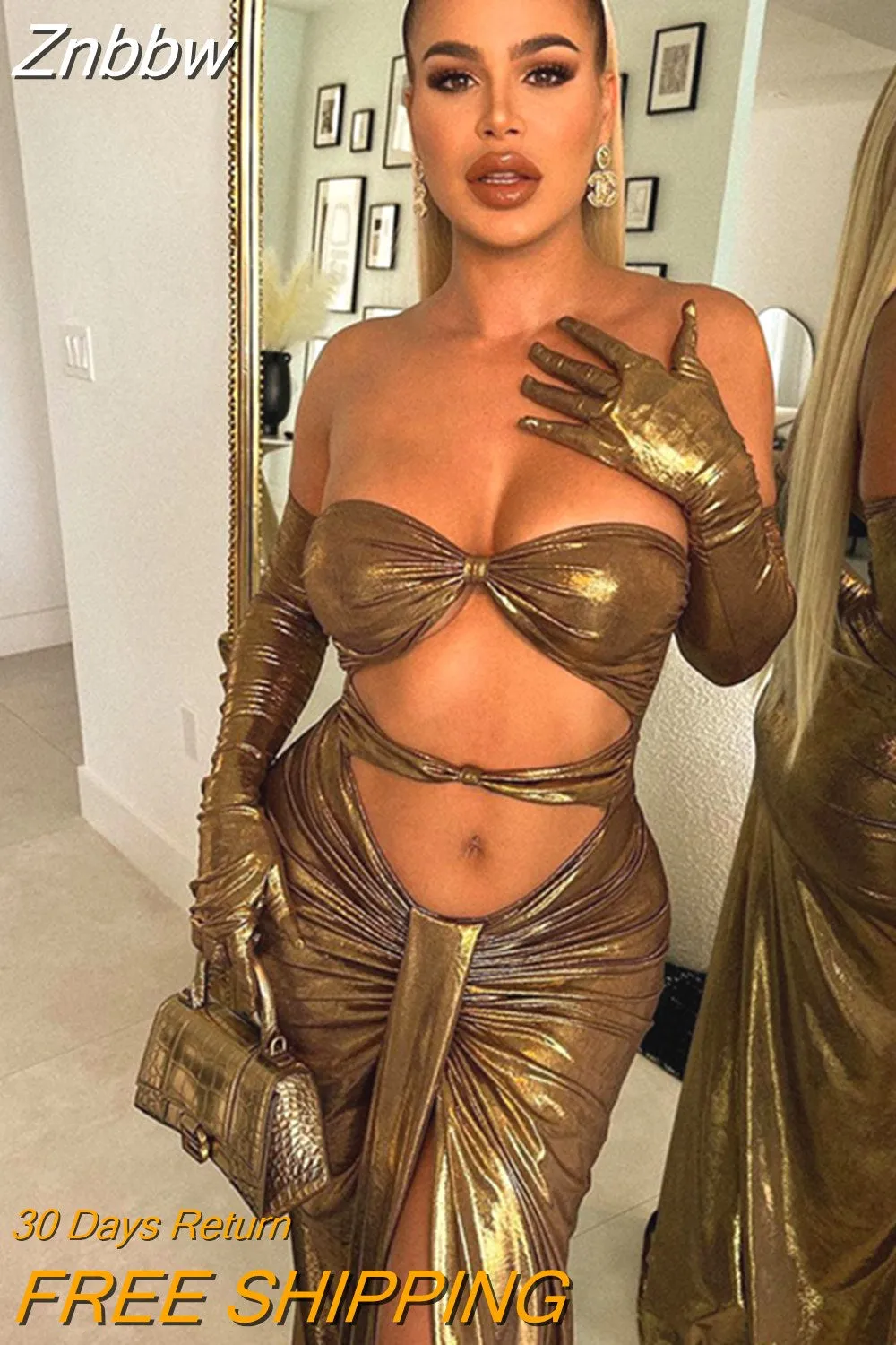 Znbbw Women Party Club Evening Streetwear Bodycon Gold Long Dress 2023 Autumn Fall Clothing Wholesale Items For Business 0410