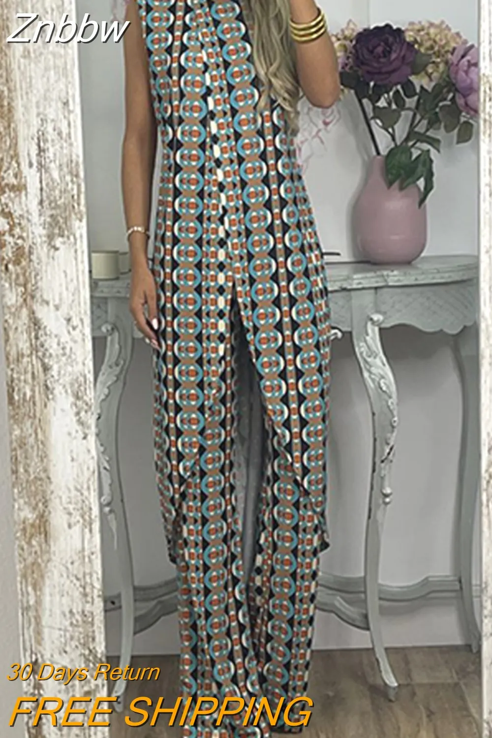 Znbbw Women's Casual Pattern Printing High Street Two Piece Set Elegant Commuter Long Pants Suit Summer Loose Bohemian Outfits